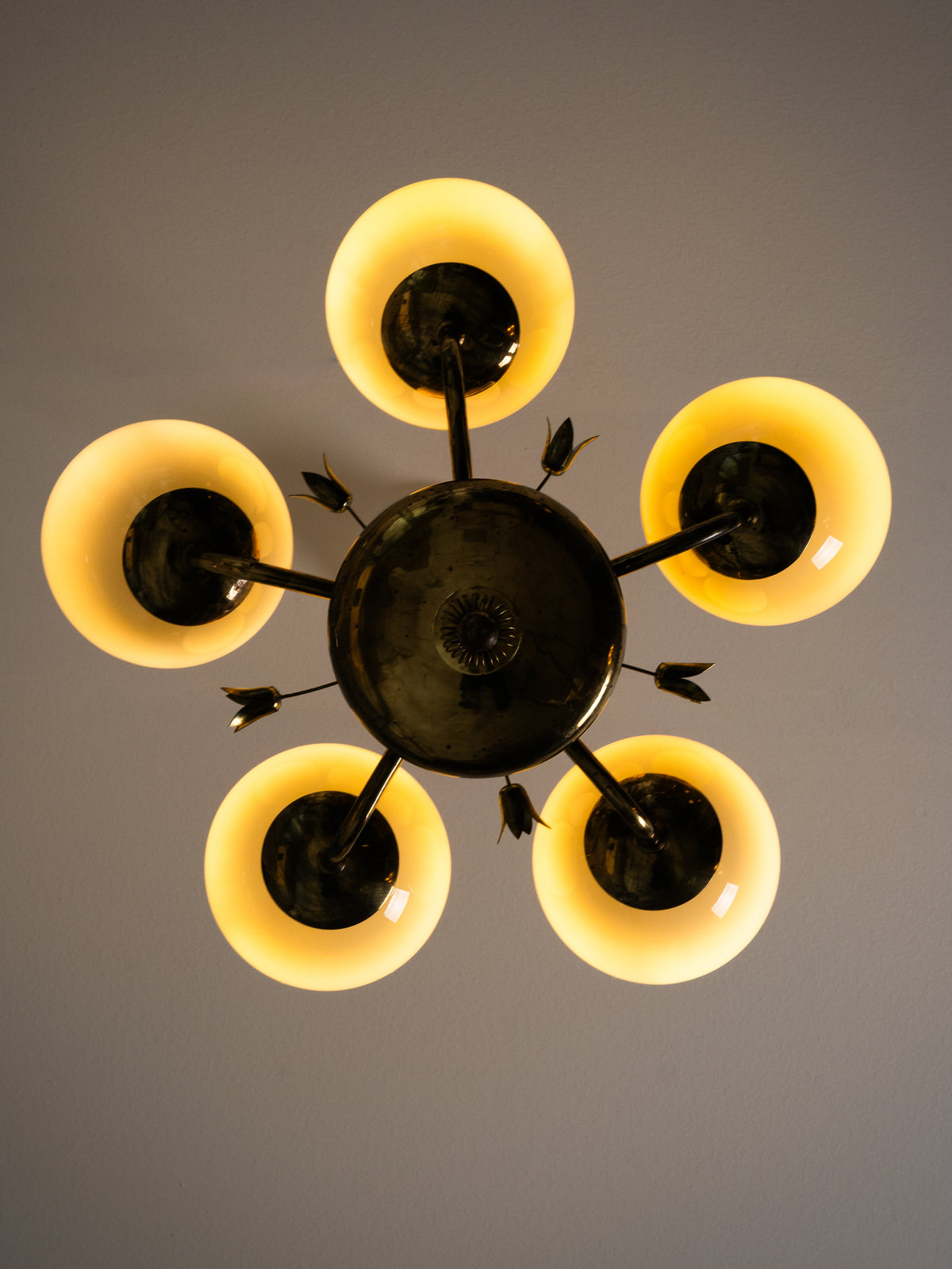 Brass &amp; Opaline Glass Chandelier with Floral Details by Valinte, Finland, 1950s