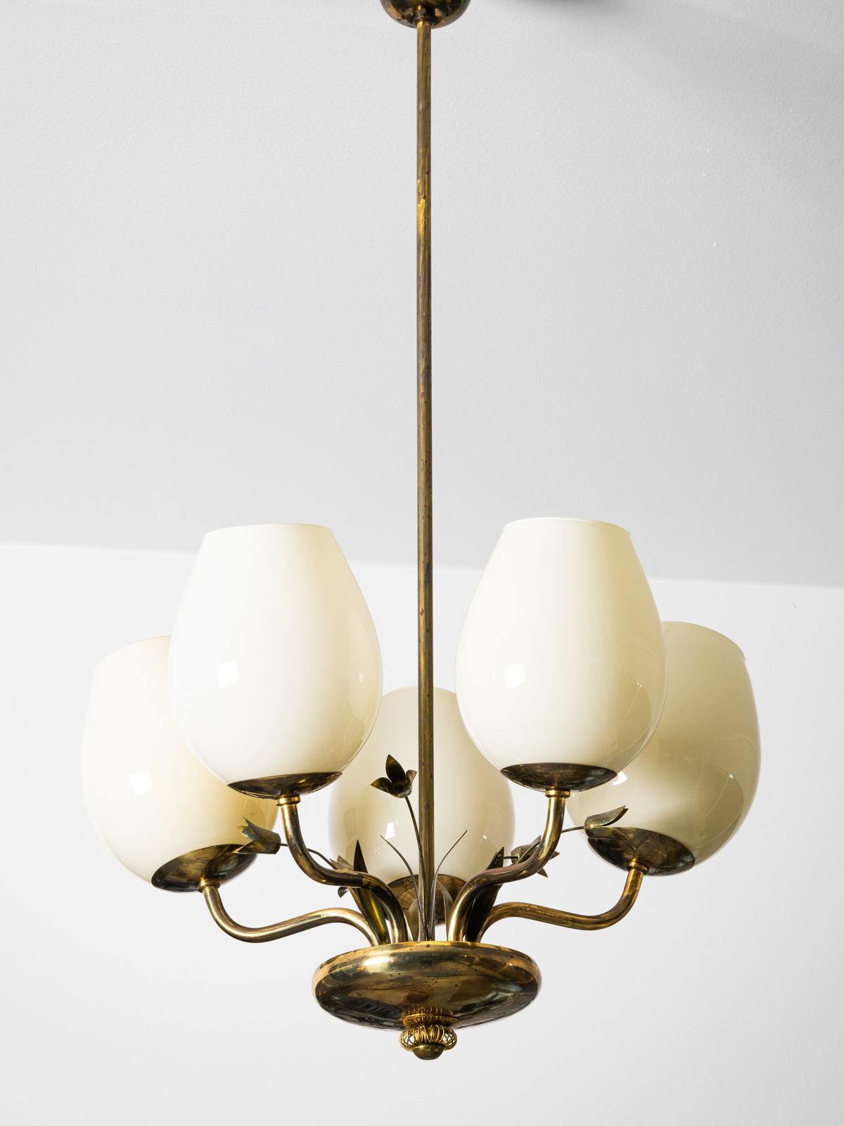Brass &amp; Opaline Glass Chandelier with Floral Details by Valinte, Finland, 1950s