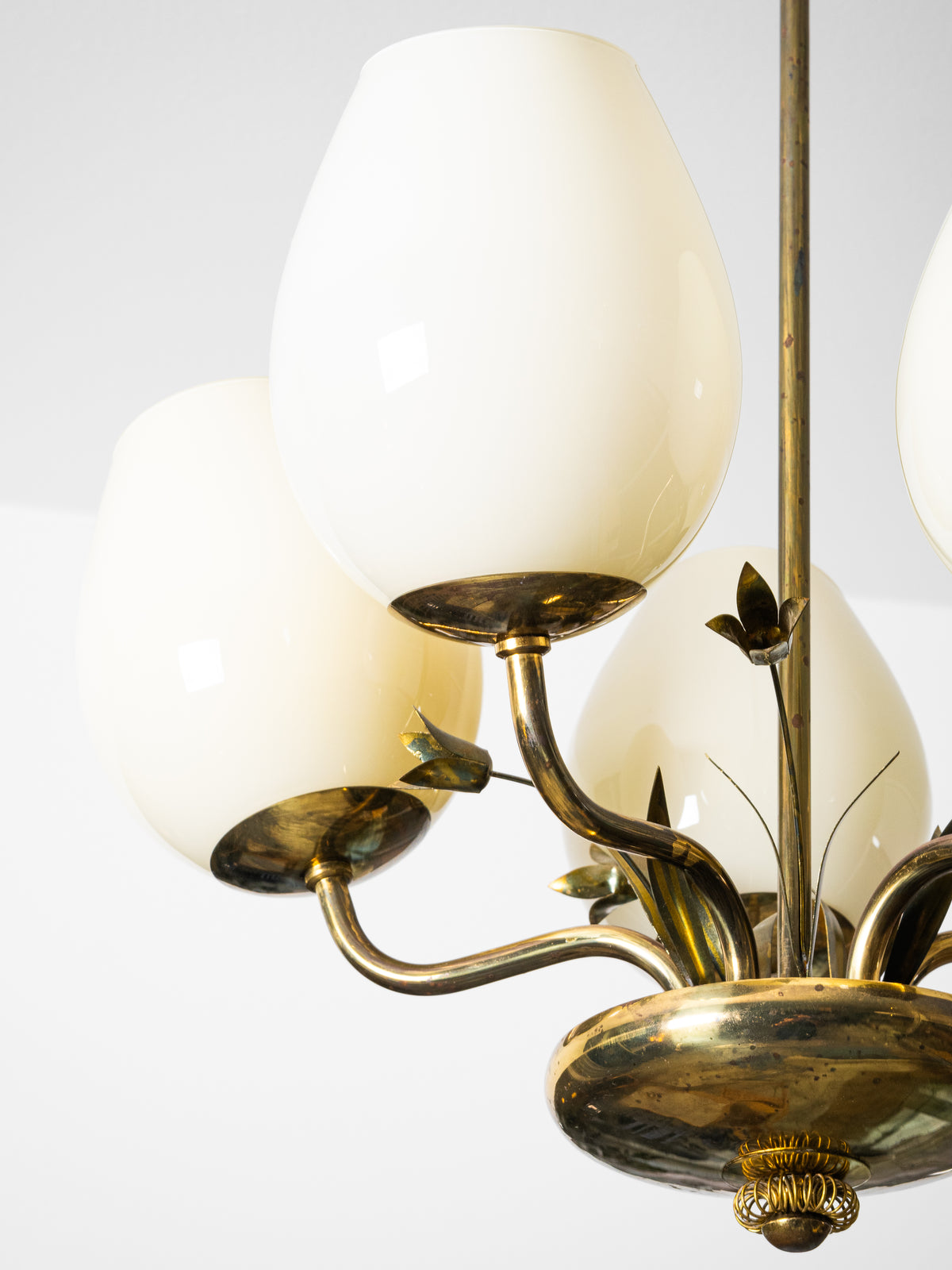 Brass &amp; Opaline Glass Chandelier with Floral Details by Valinte, Finland, 1950s