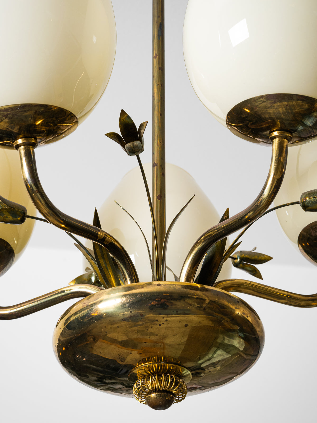 Brass &amp; Opaline Glass Chandelier with Floral Details by Valinte, Finland, 1950s