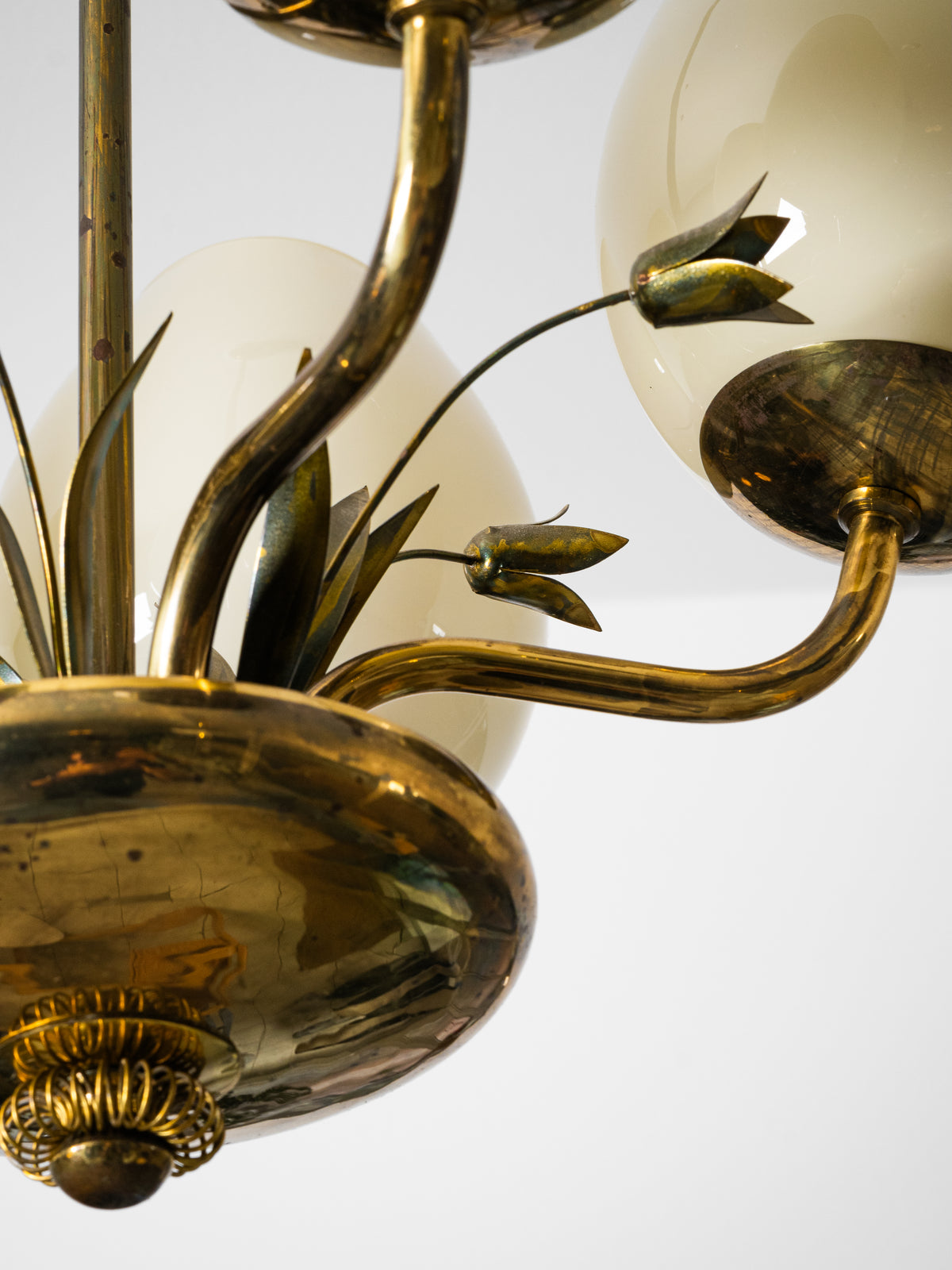 Brass &amp; Opaline Glass Chandelier with Floral Details by Valinte, Finland, 1950s