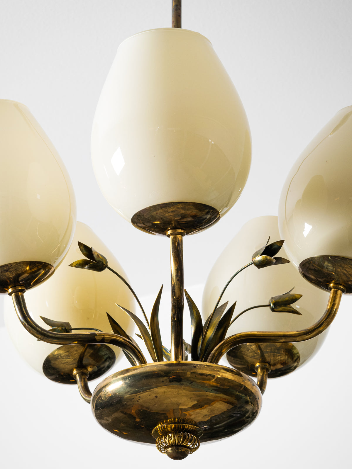 Brass &amp; Opaline Glass Chandelier with Floral Details by Valinte, Finland, 1950s