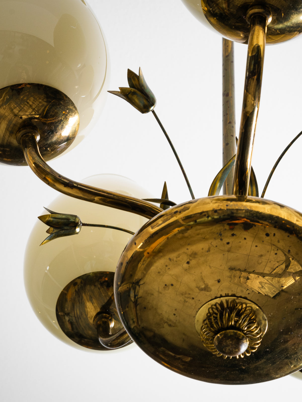 Brass &amp; Opaline Glass Chandelier with Floral Details by Valinte, Finland, 1950s