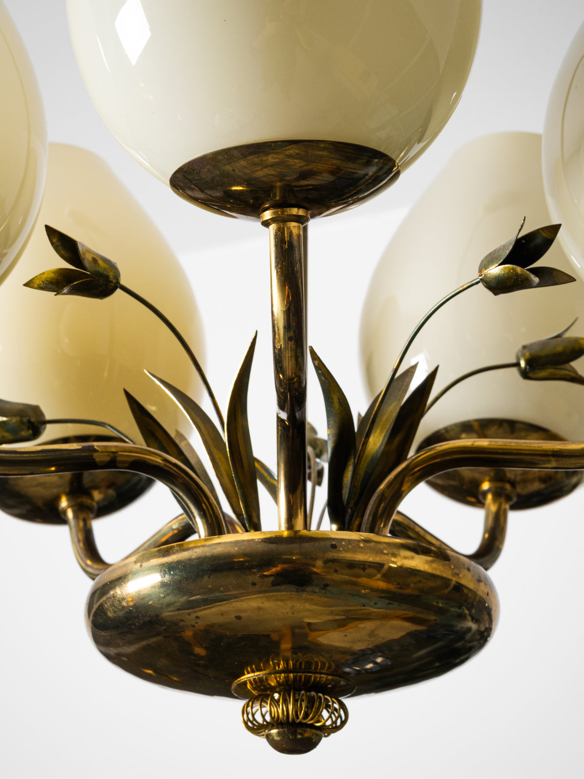 Brass &amp; Opaline Glass Chandelier with Floral Details by Valinte, Finland, 1950s