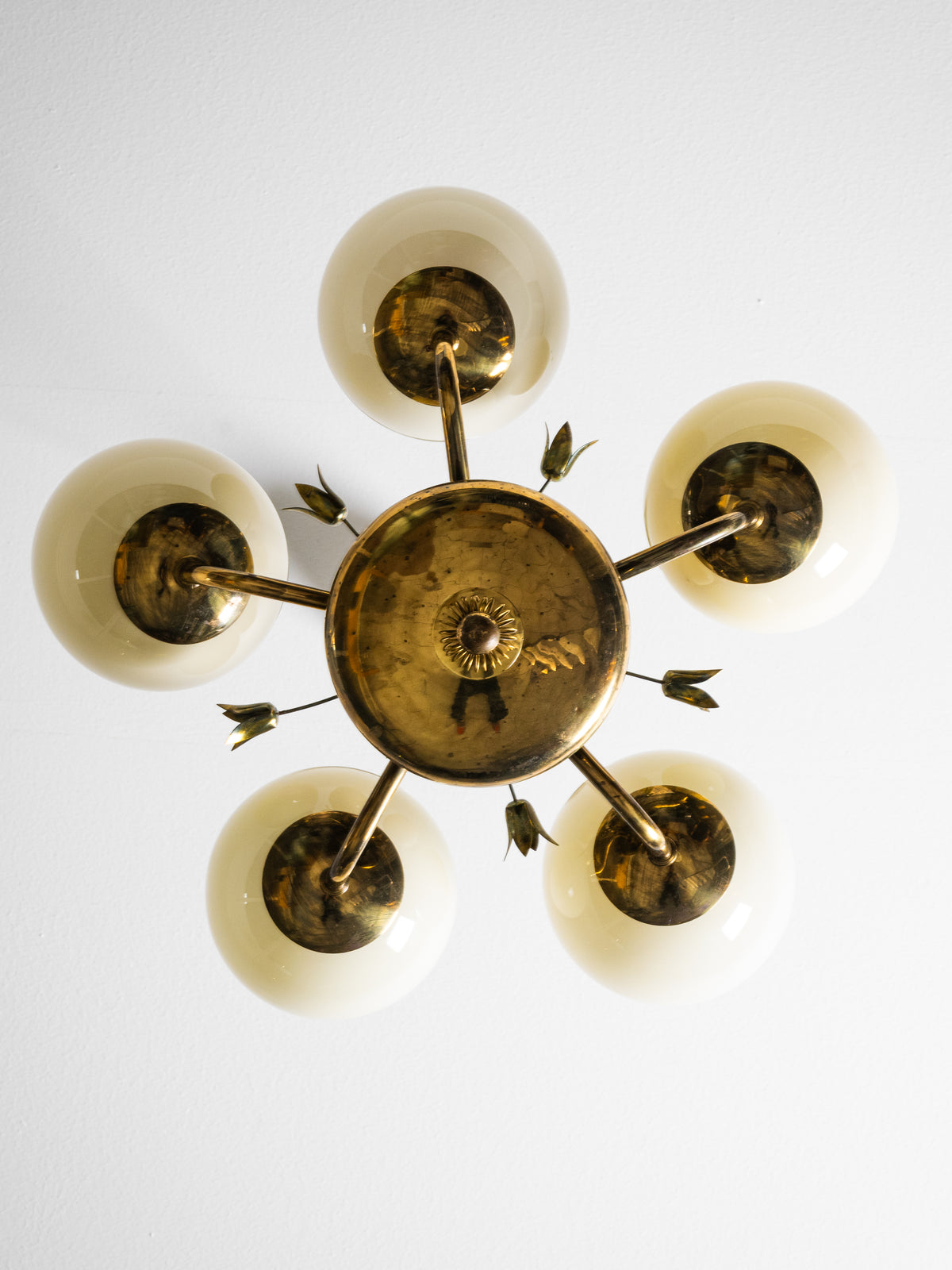 Brass &amp; Opaline Glass Chandelier with Floral Details by Valinte, Finland, 1950s