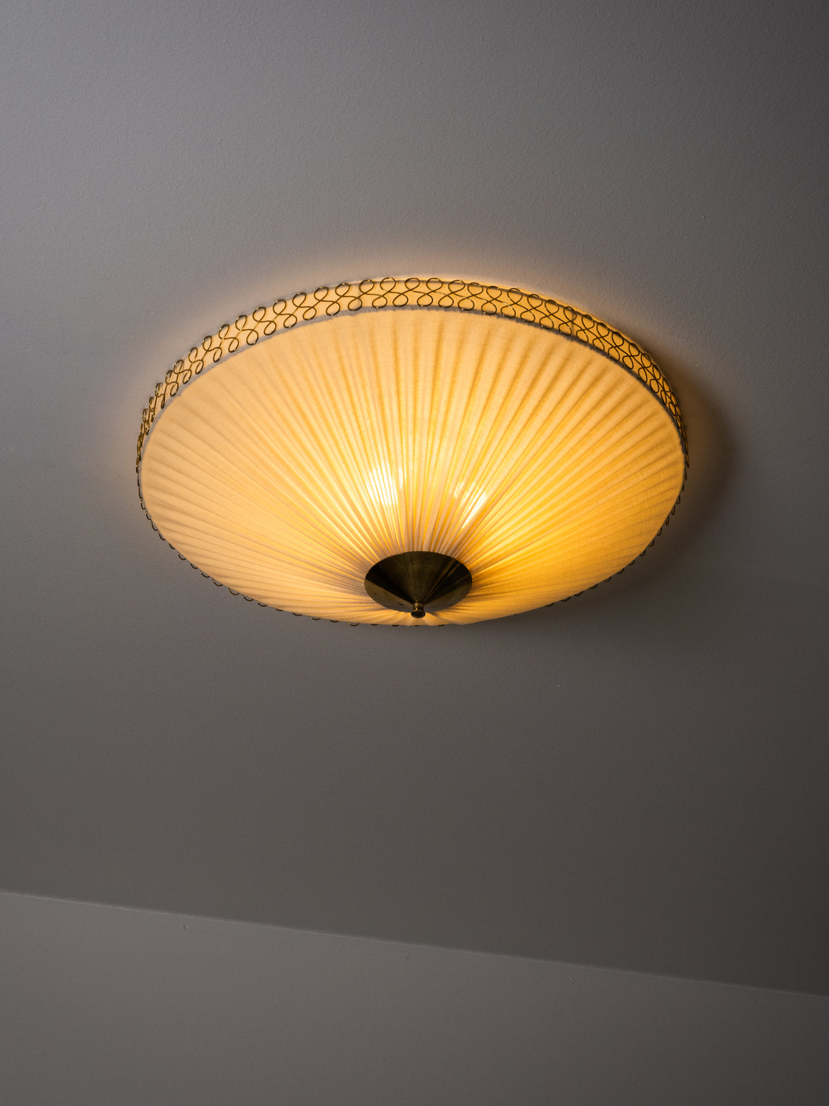 Brass &amp; Pleated Textile Flush Mount Model ES 1902/60 by Itsu, Finland, 1950s