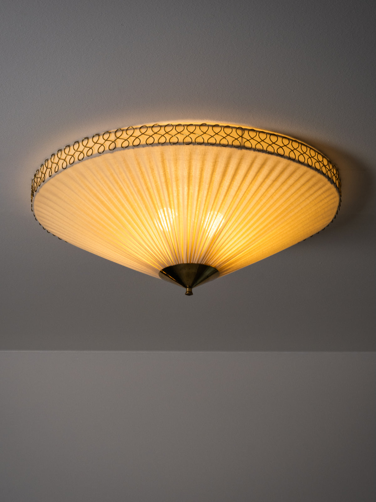 Brass &amp; Pleated Textile Flush Mount Model ES 1902/60 by Itsu, Finland, 1950s