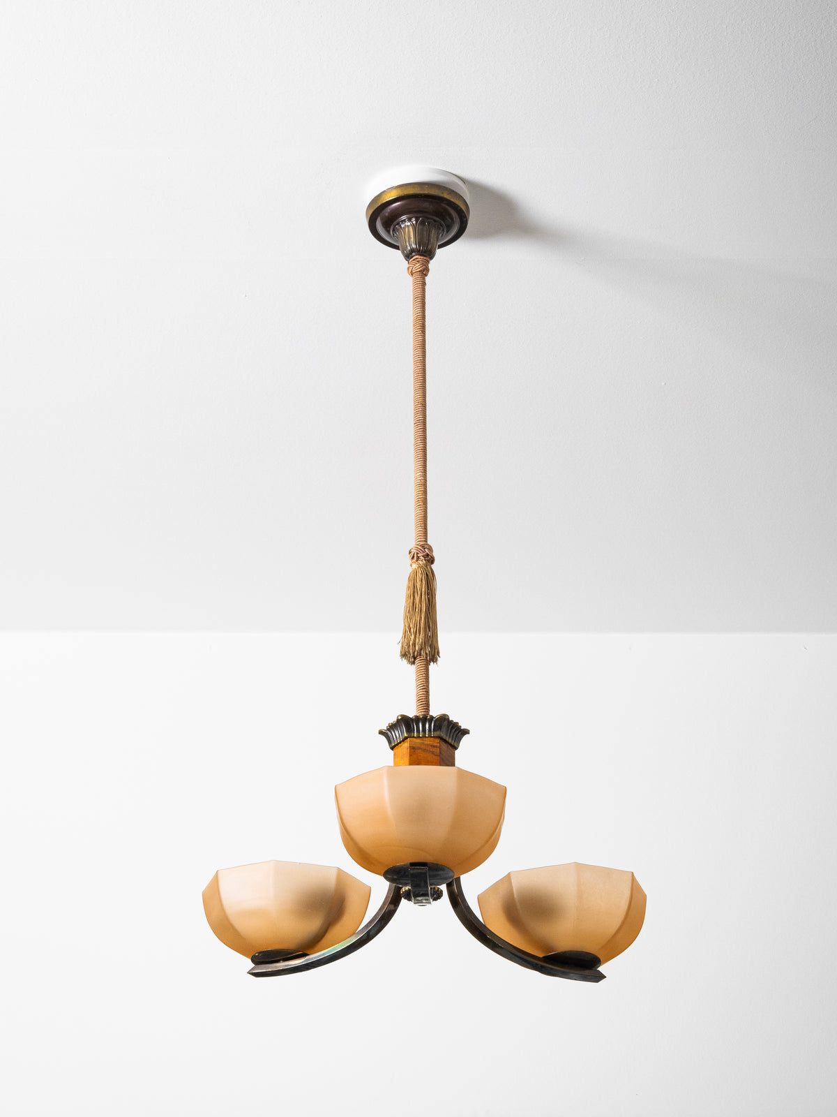 Finnish Art Deco Brass, Wood &amp; Frosted Glass Chandelier, 1930s