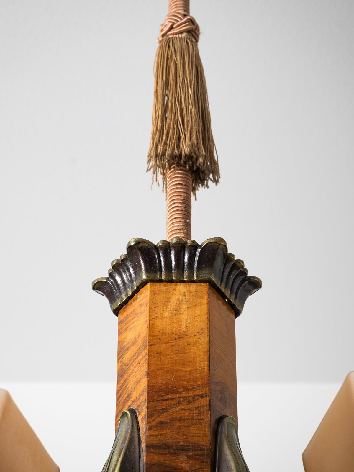 Finnish Art Deco Brass, Wood &amp; Frosted Glass Chandelier, 1930s