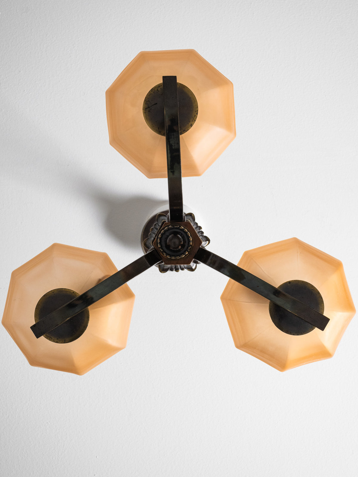 Finnish Art Deco Brass, Wood &amp; Frosted Glass Chandelier, 1930s