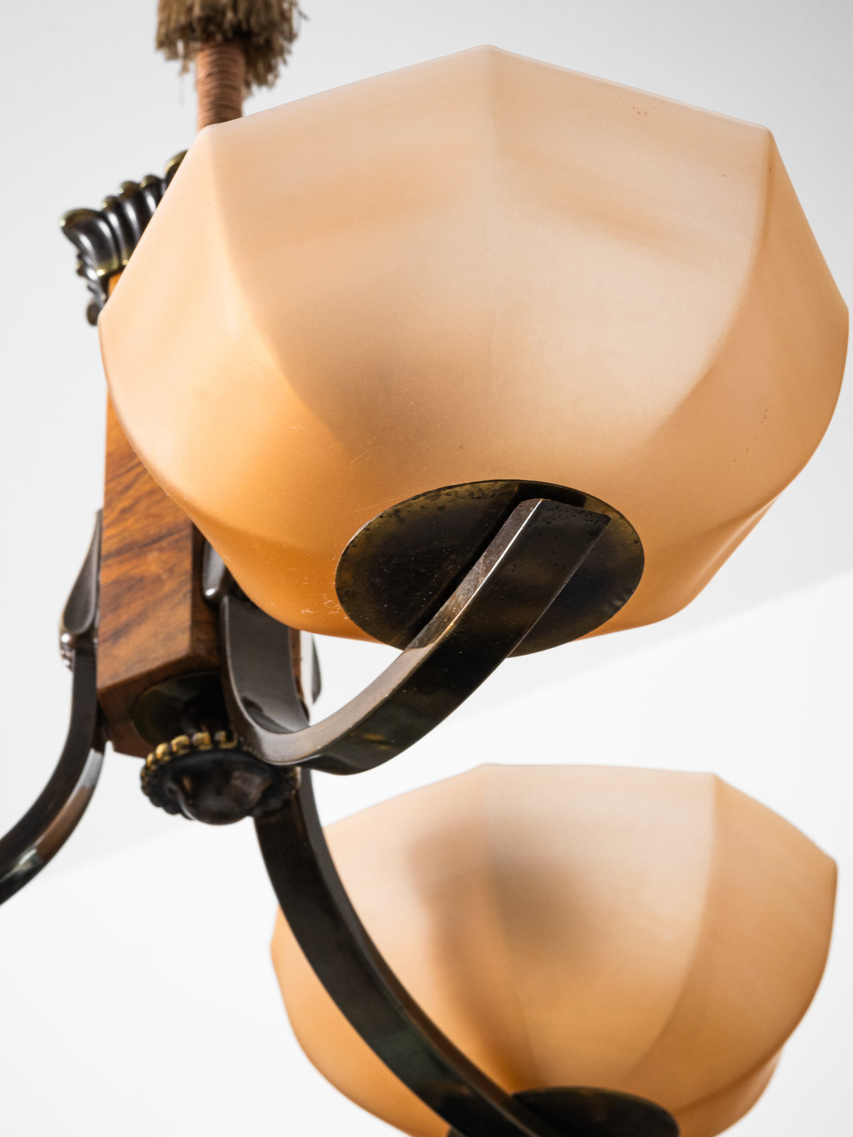 Finnish Art Deco Brass, Wood &amp; Frosted Glass Chandelier, 1930s