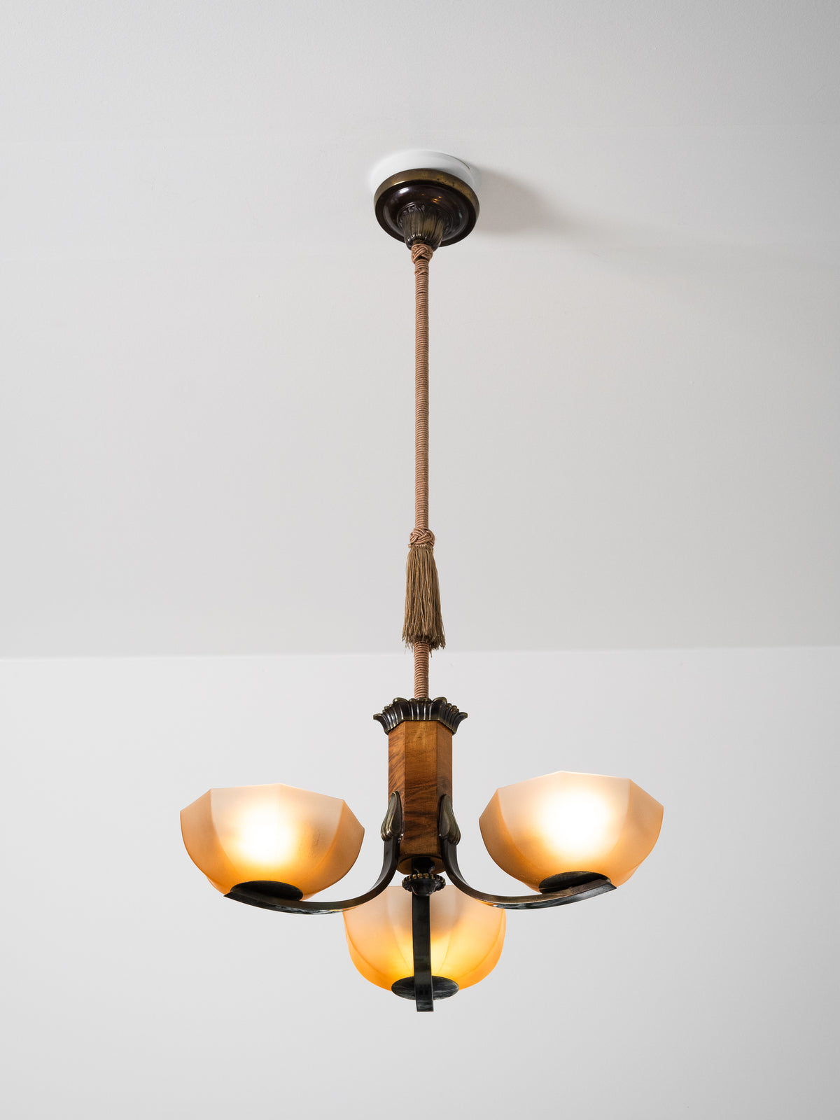 Finnish Art Deco Brass, Wood &amp; Frosted Glass Chandelier, 1930s