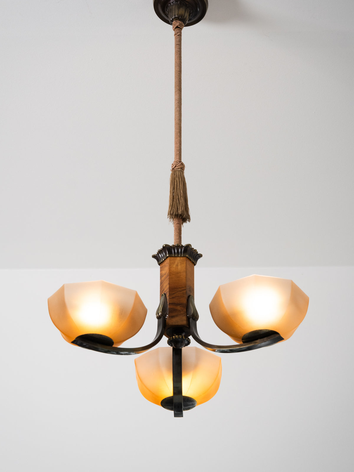 Finnish Art Deco Brass, Wood &amp; Frosted Glass Chandelier, 1930s