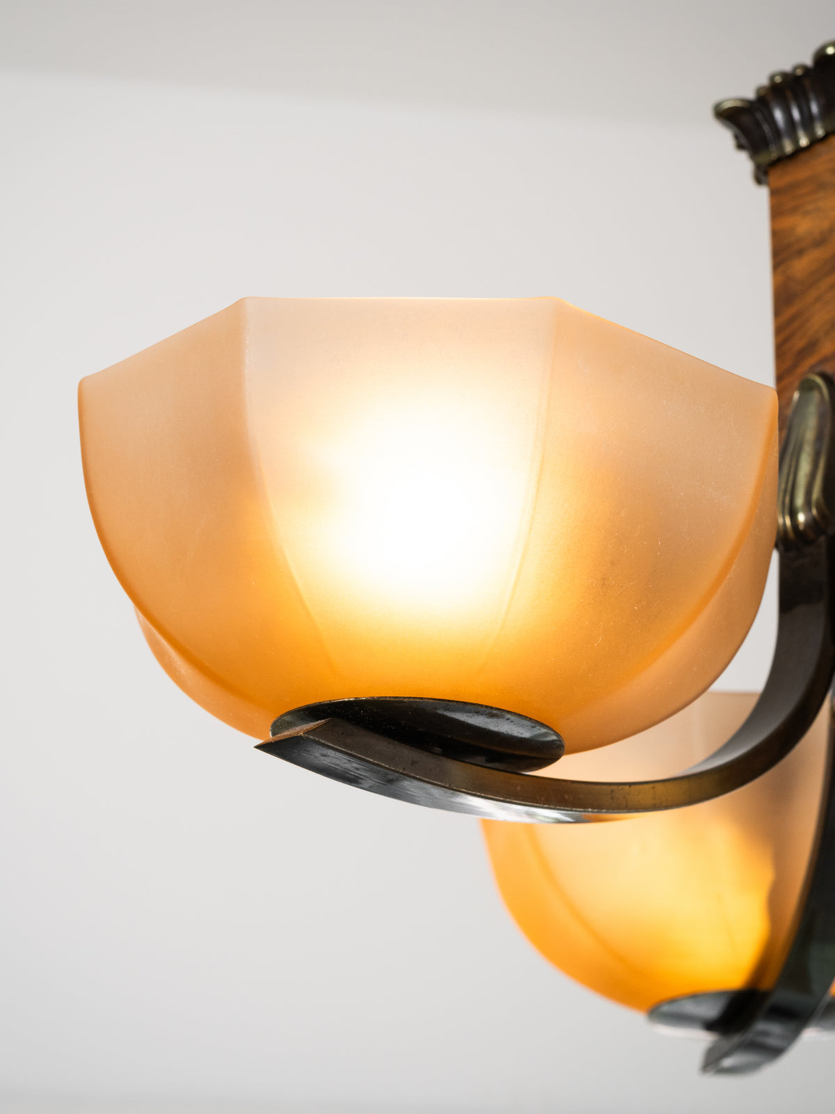 Finnish Art Deco Brass, Wood &amp; Frosted Glass Chandelier, 1930s