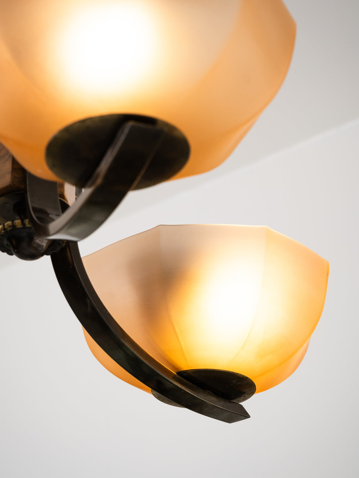 Finnish Art Deco Brass, Wood &amp; Frosted Glass Chandelier, 1930s