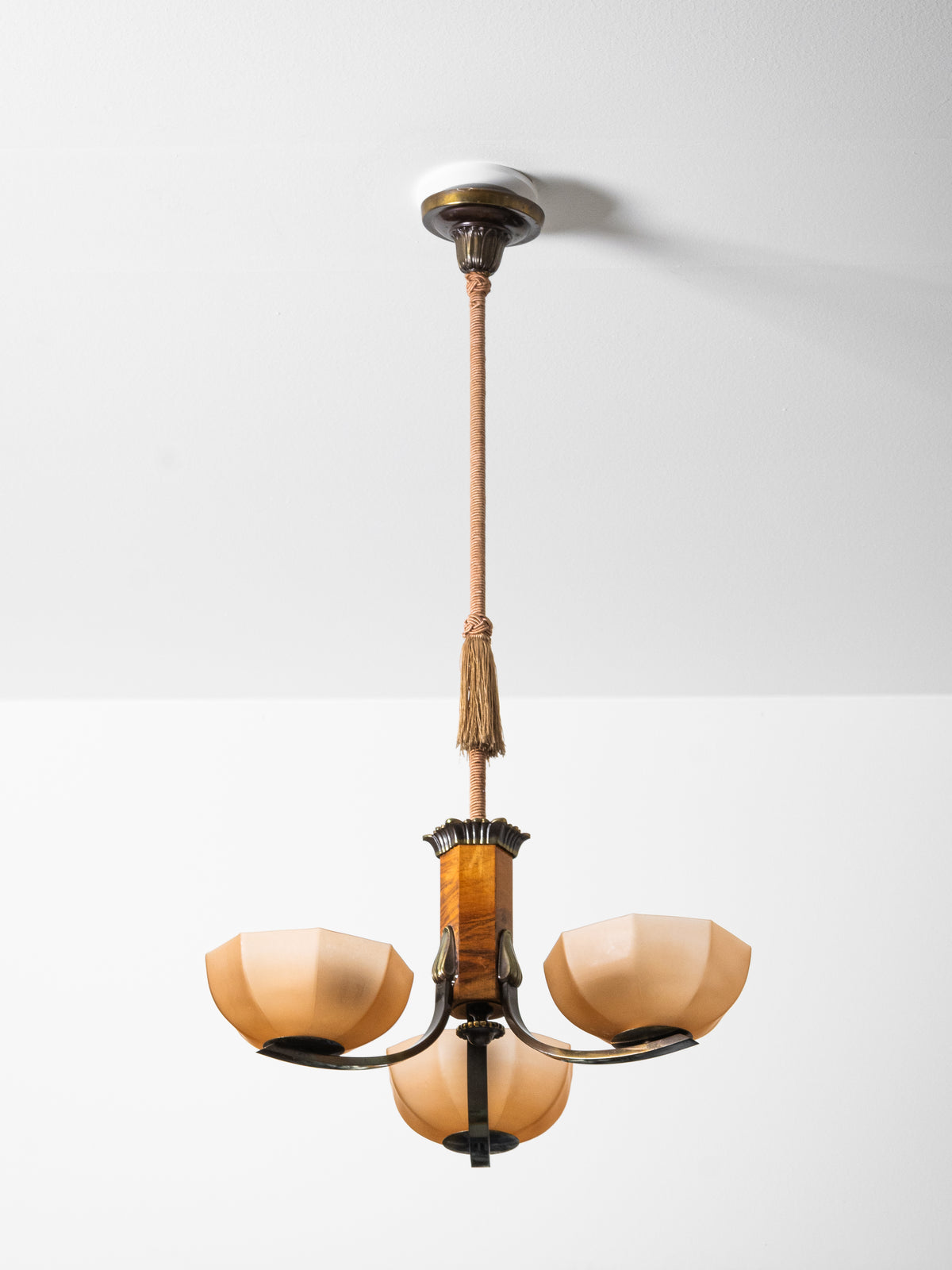 Finnish Art Deco Brass, Wood &amp; Frosted Glass Chandelier, 1930s