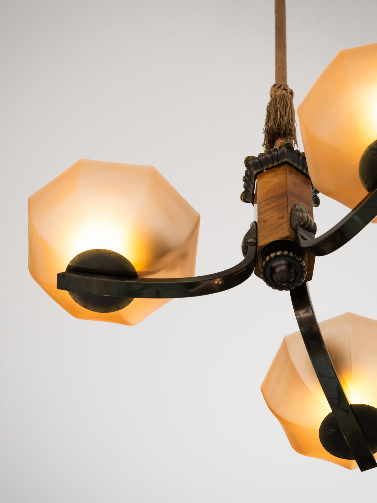 Finnish Art Deco Brass, Wood &amp; Frosted Glass Chandelier, 1930s