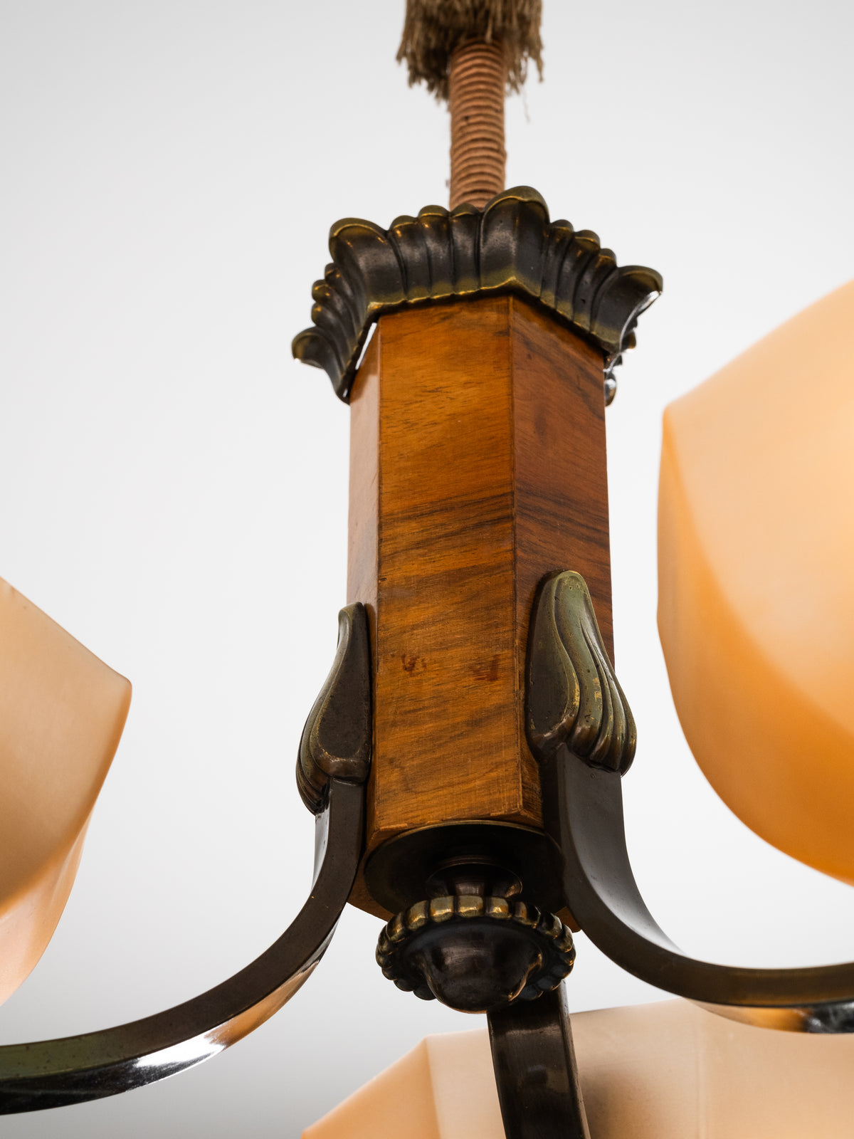 Finnish Art Deco Brass, Wood &amp; Frosted Glass Chandelier, 1930s