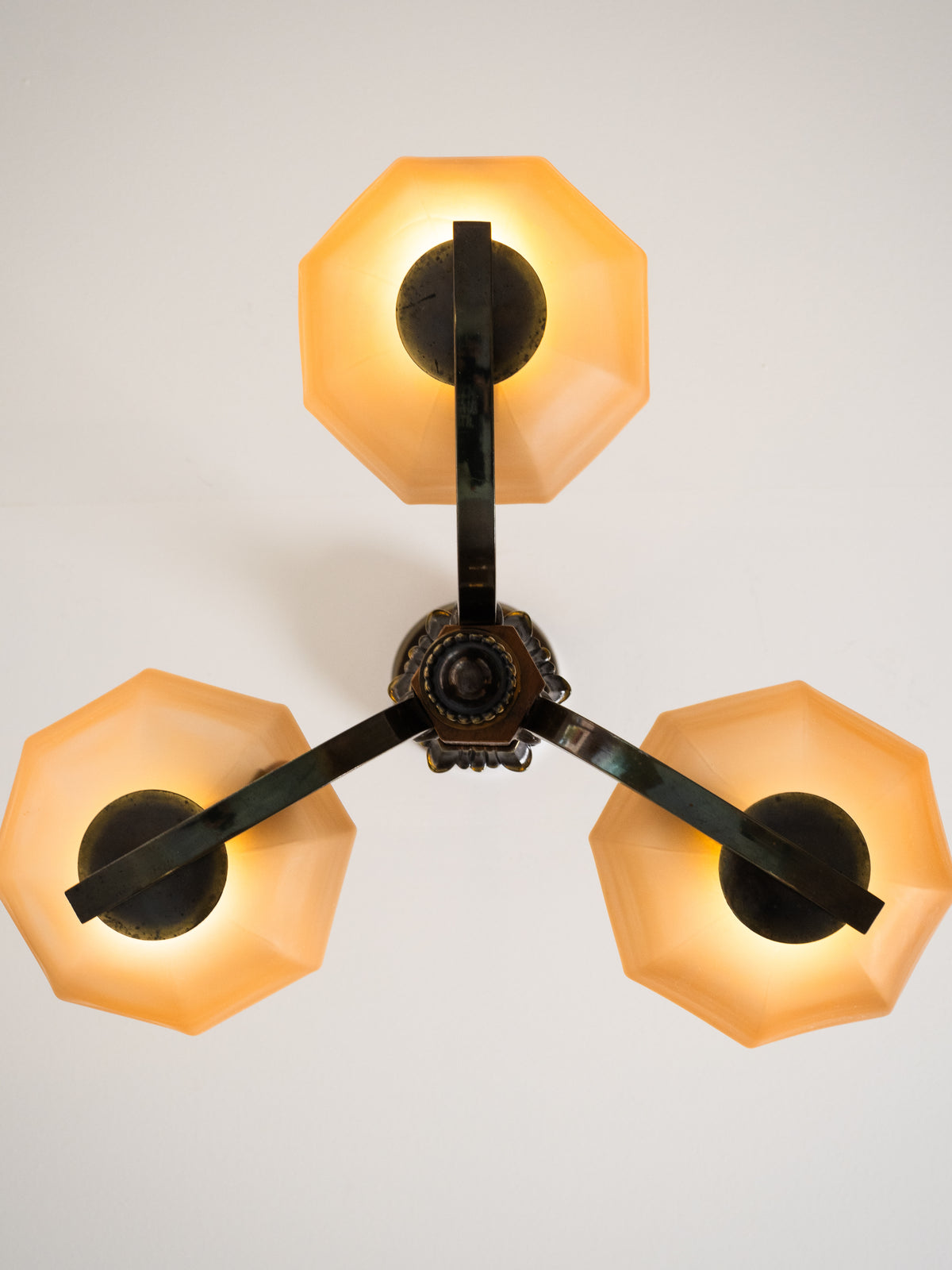 Finnish Art Deco Brass, Wood &amp; Frosted Glass Chandelier, 1930s