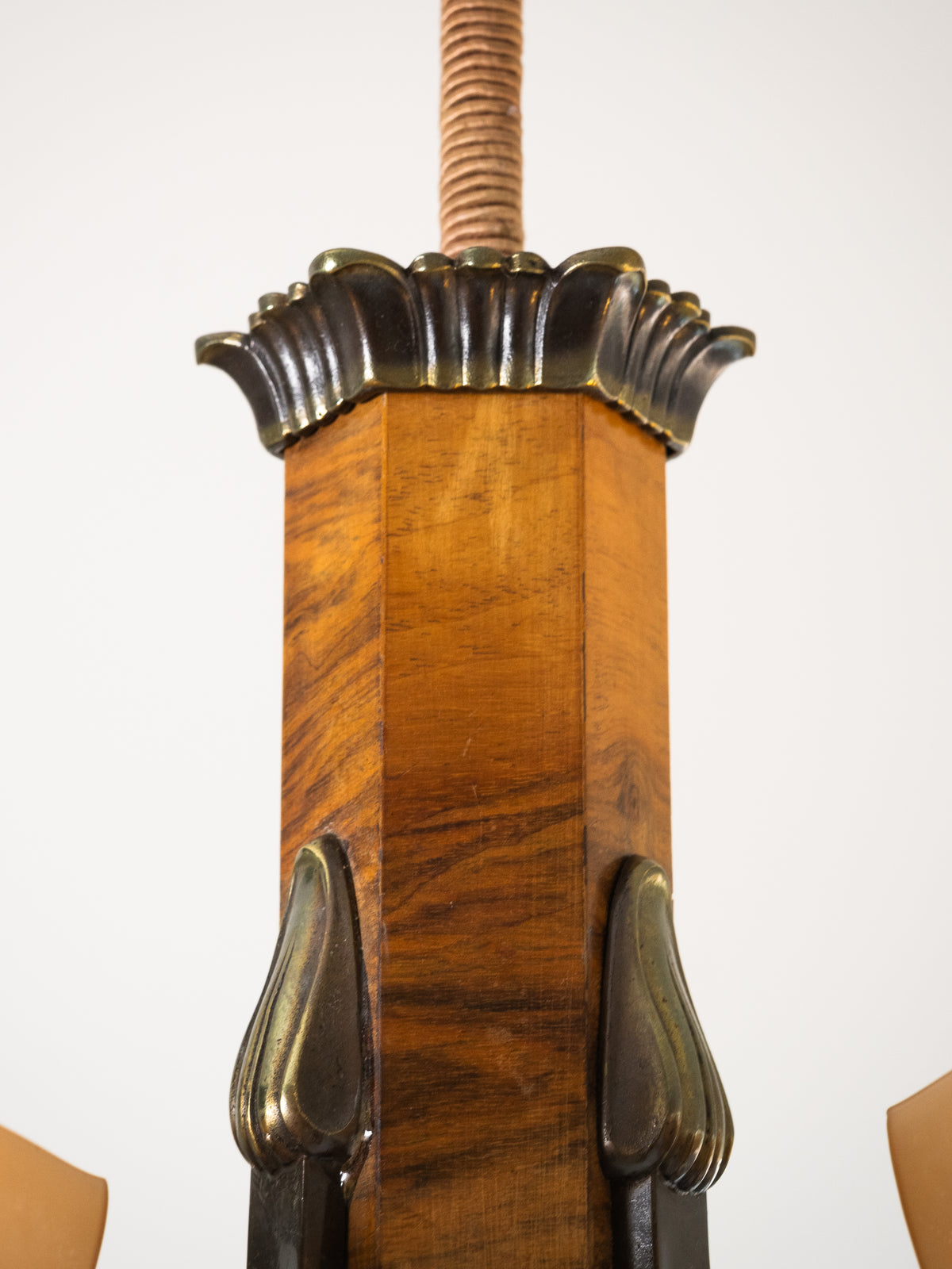 Finnish Art Deco Brass, Wood &amp; Frosted Glass Chandelier, 1930s