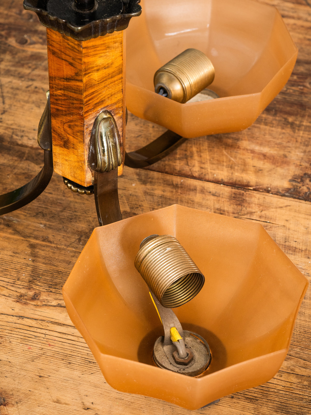 Finnish Art Deco Brass, Wood &amp; Frosted Glass Chandelier, 1930s