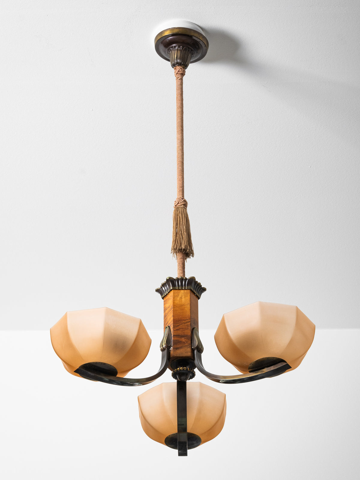 Finnish Art Deco Brass, Wood &amp; Frosted Glass Chandelier, 1930s