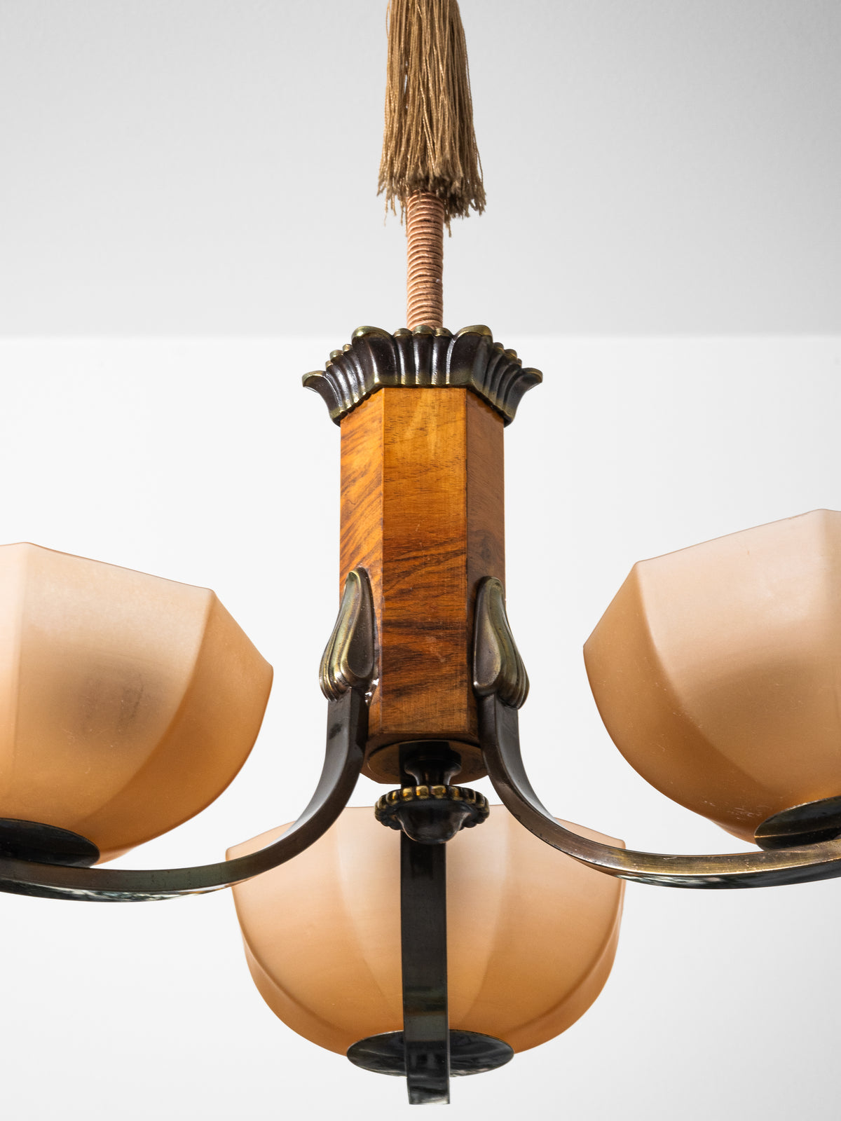 Finnish Art Deco Brass, Wood &amp; Frosted Glass Chandelier, 1930s