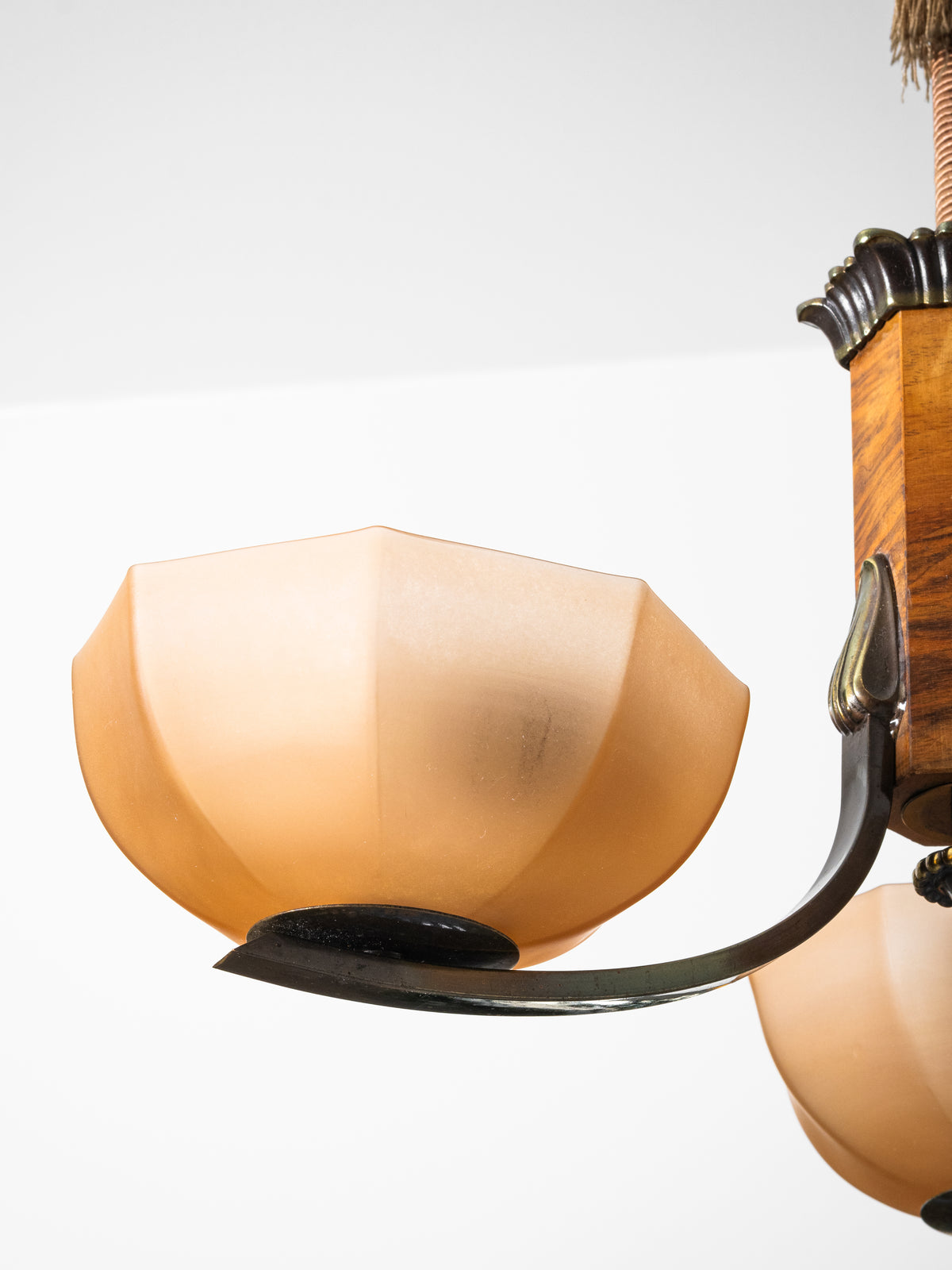 Finnish Art Deco Brass, Wood &amp; Frosted Glass Chandelier, 1930s