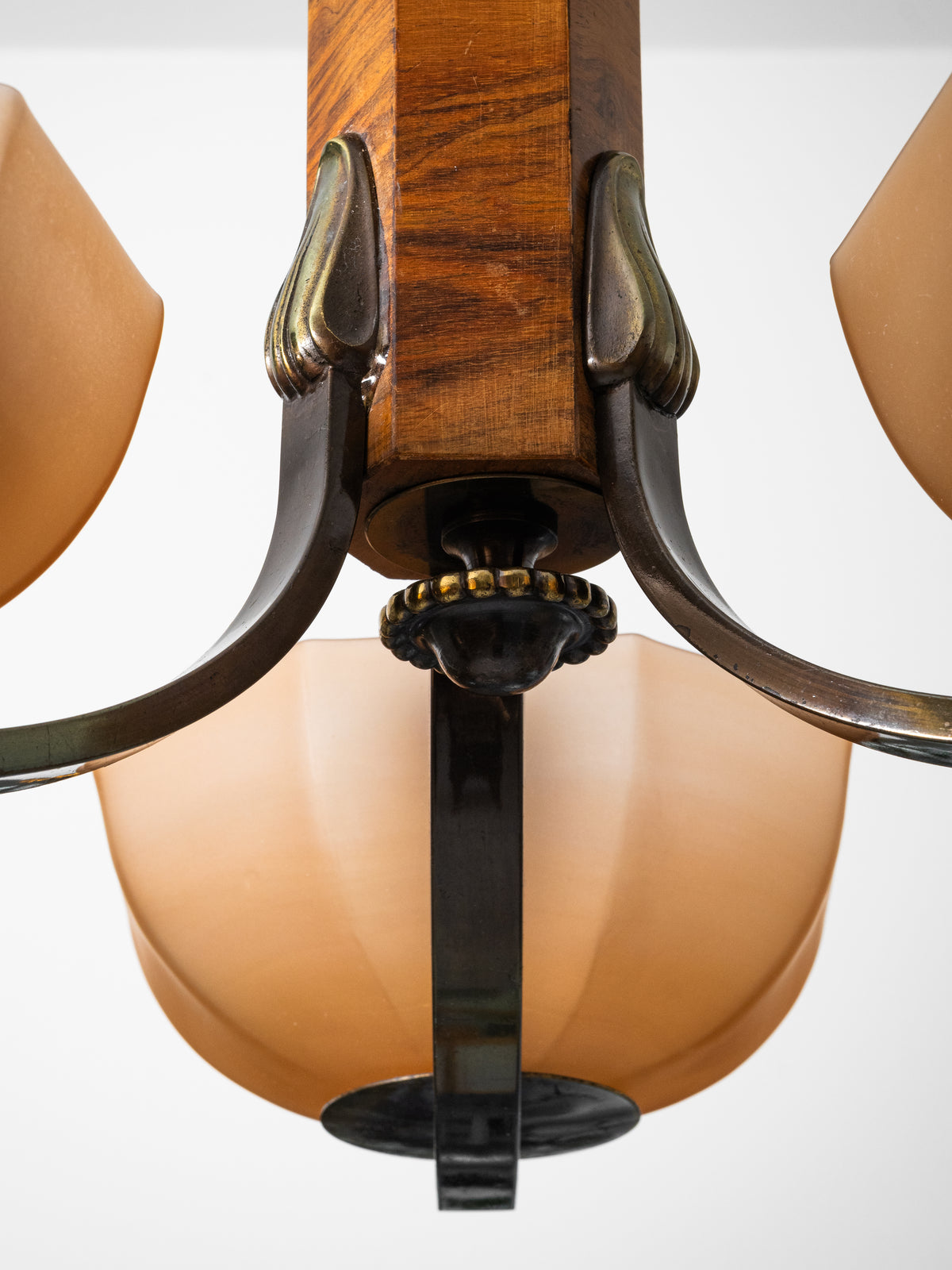 Finnish Art Deco Brass, Wood &amp; Frosted Glass Chandelier, 1930s