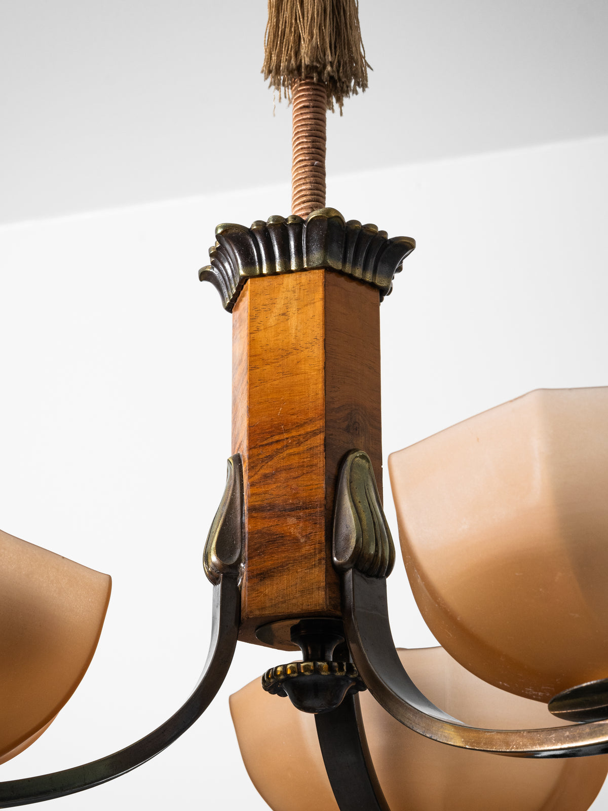 Finnish Art Deco Brass, Wood &amp; Frosted Glass Chandelier, 1930s