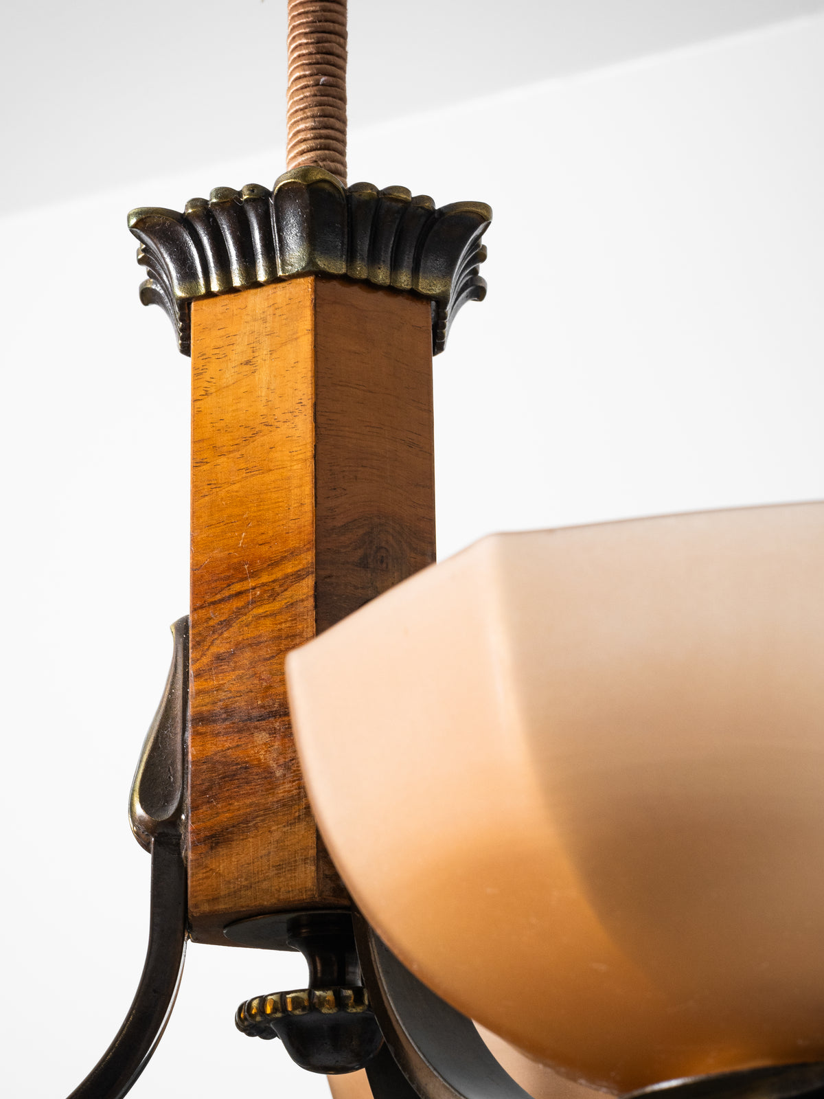 Finnish Art Deco Brass, Wood &amp; Frosted Glass Chandelier, 1930s