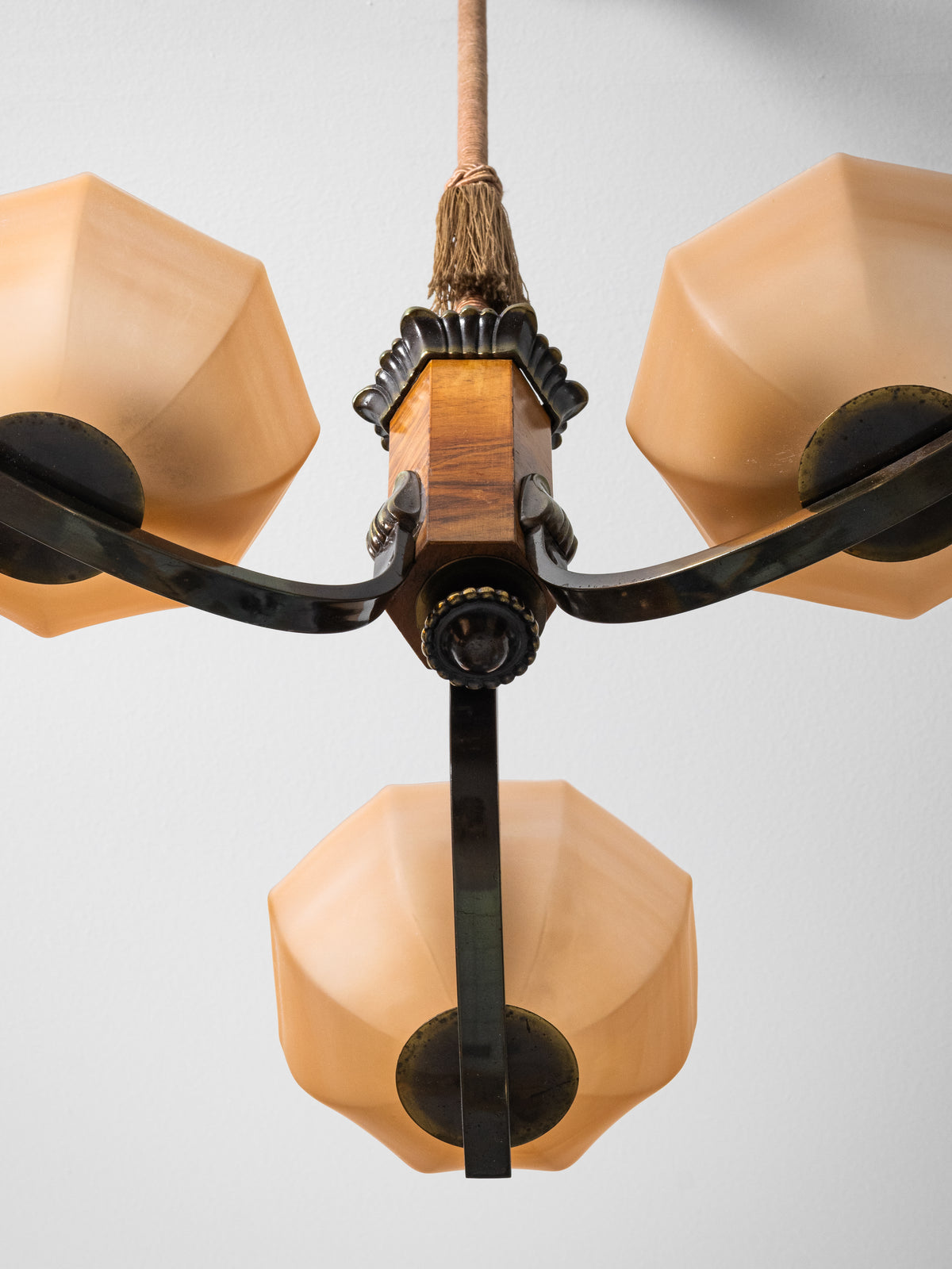 Finnish Art Deco Brass, Wood &amp; Frosted Glass Chandelier, 1930s