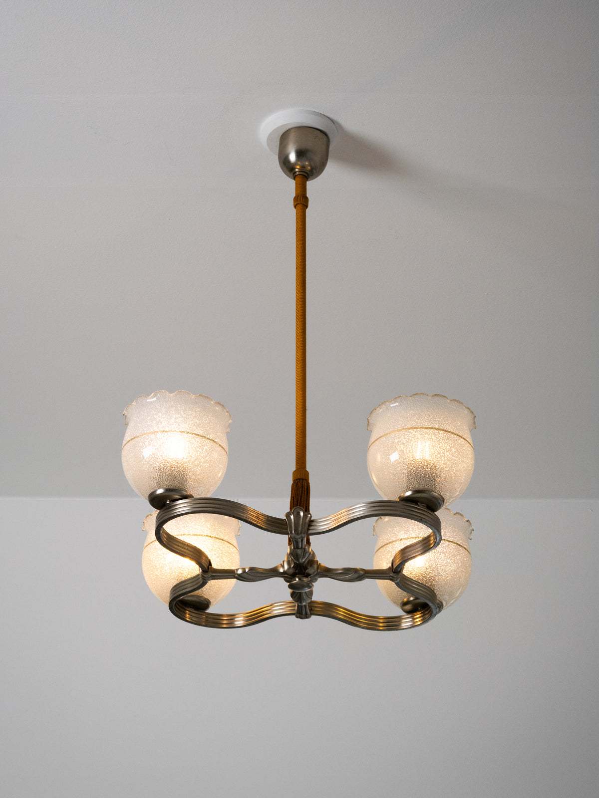 Finnish Art Deco Nickel-Plated Brass, String &amp; Glass Chandelier, 1930s