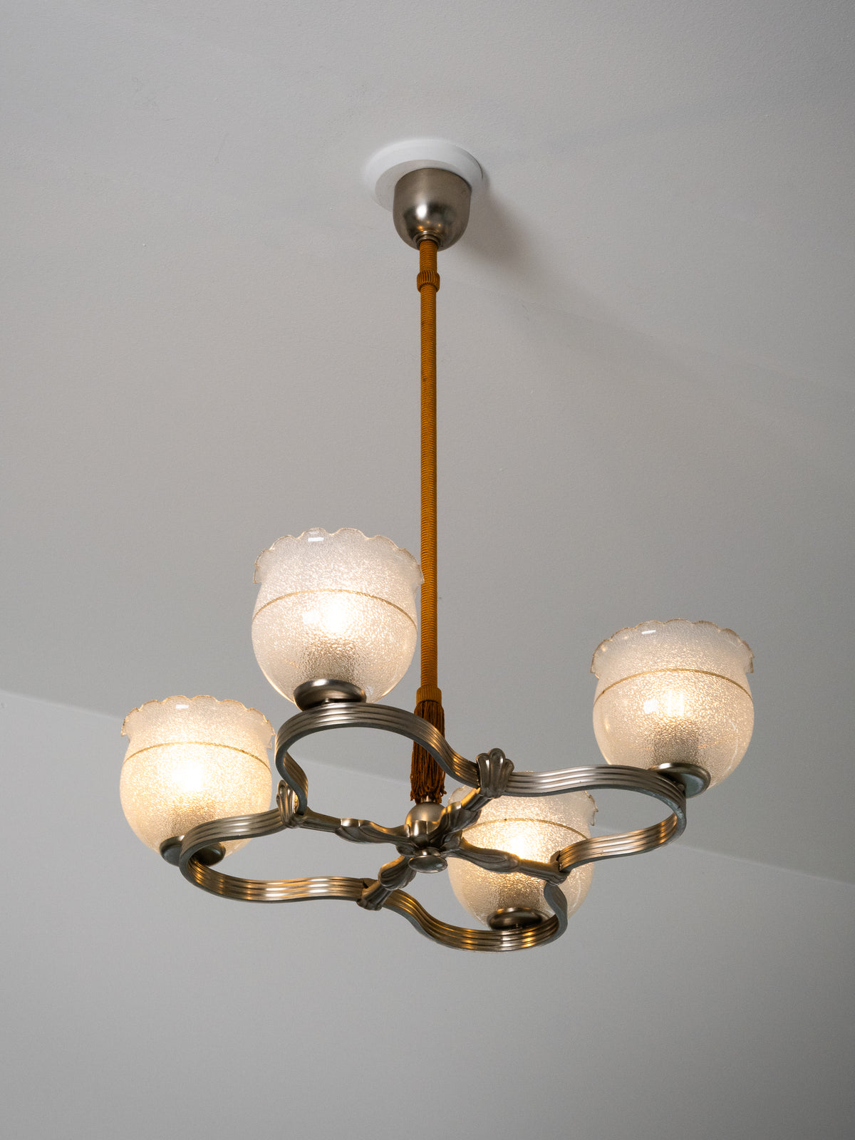 Finnish Art Deco Nickel-Plated Brass, String &amp; Glass Chandelier, 1930s