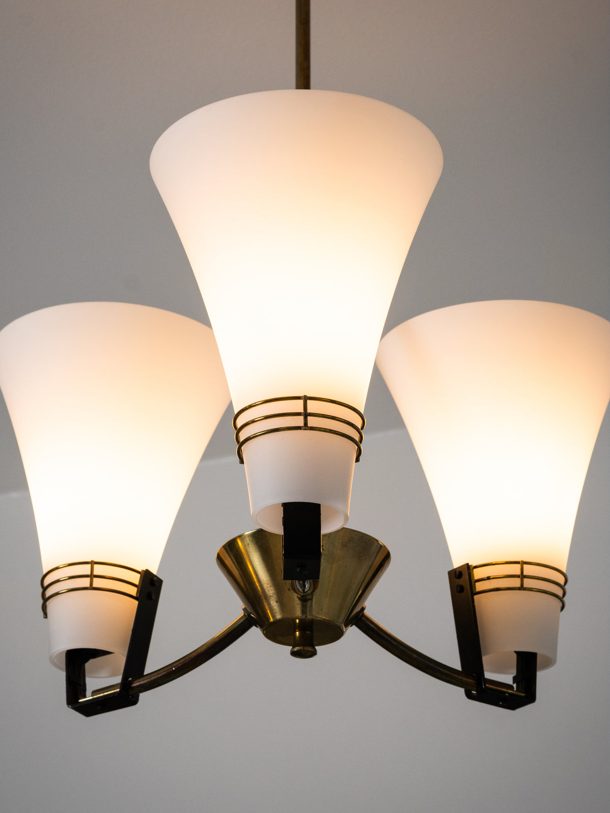 Brass &amp; Opaline Glass Chandelier Model ER 151/3 by Itsu, Finland, 1960s
