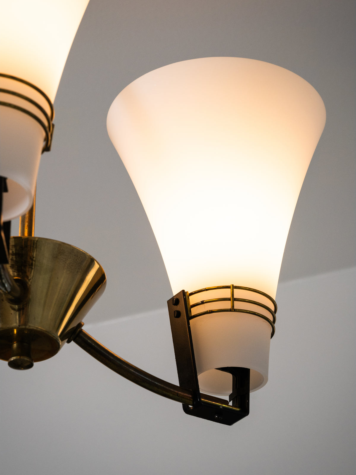 Brass &amp; Opaline Glass Chandelier Model ER 151/3 by Itsu, Finland, 1960s