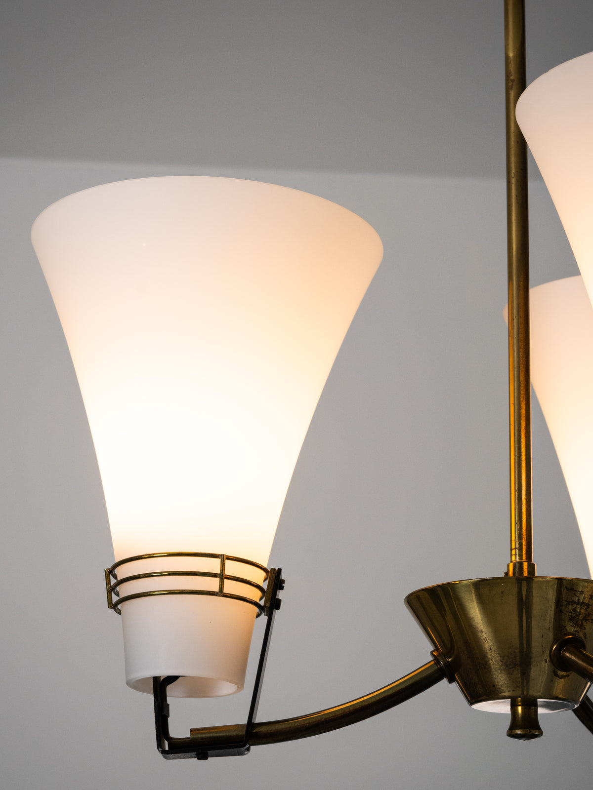 Brass &amp; Opaline Glass Chandelier Model ER 151/3 by Itsu, Finland, 1960s