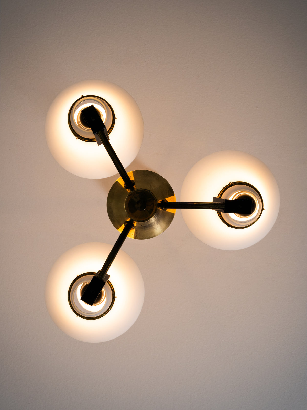Brass &amp; Opaline Glass Chandelier Model ER 151/3 by Itsu, Finland, 1960s