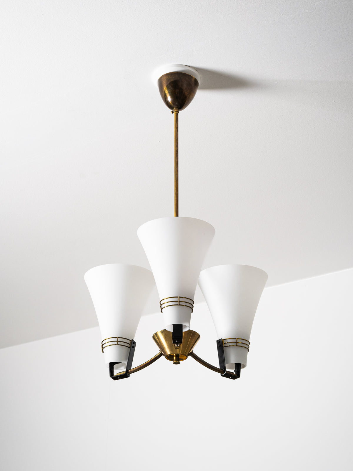Brass &amp; Opaline Glass Chandelier Model ER 151/3 by Itsu, Finland, 1960s