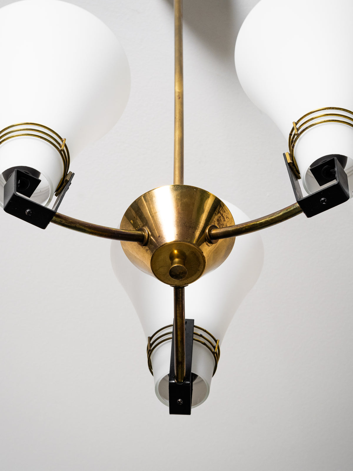Brass &amp; Opaline Glass Chandelier Model ER 151/3 by Itsu, Finland, 1960s