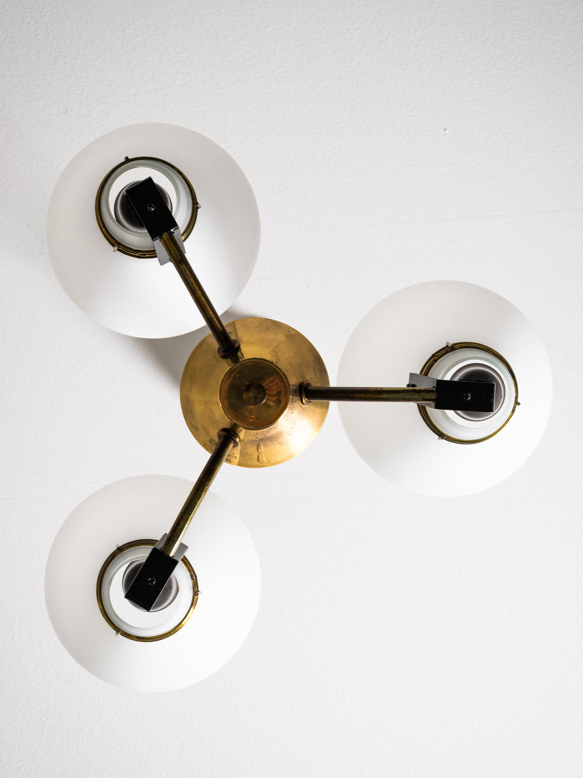 Brass &amp; Opaline Glass Chandelier Model ER 151/3 by Itsu, Finland, 1960s