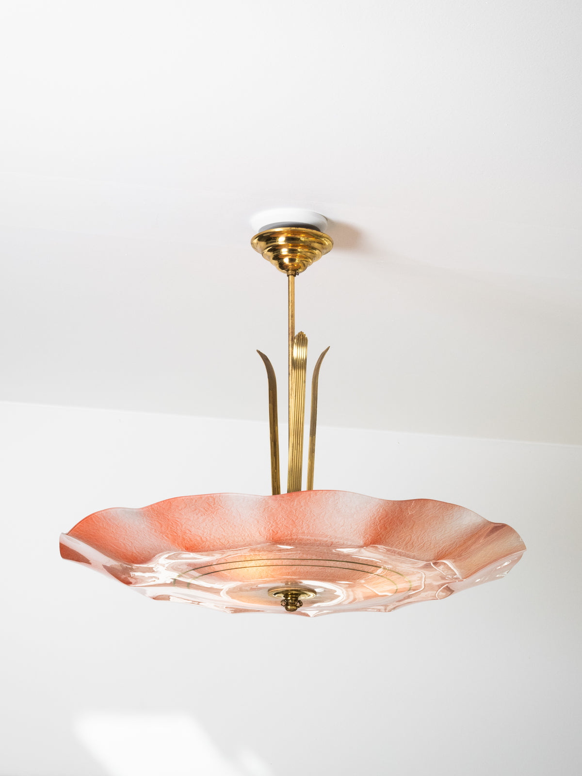 Pink Glass &amp; Brass Chandelier by Valinte, Finland, 1950s