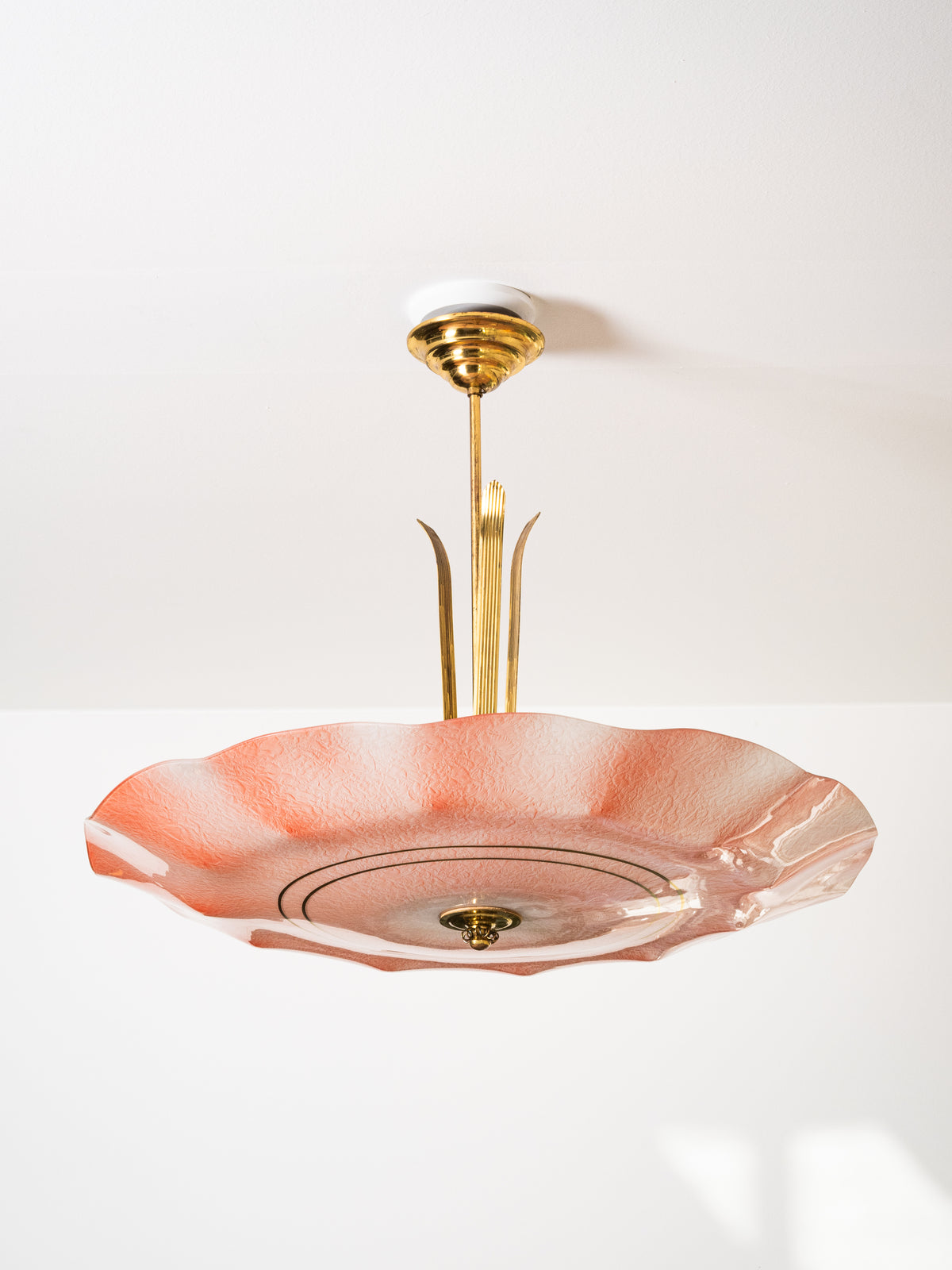Pink Glass &amp; Brass Chandelier by Valinte, Finland, 1950s