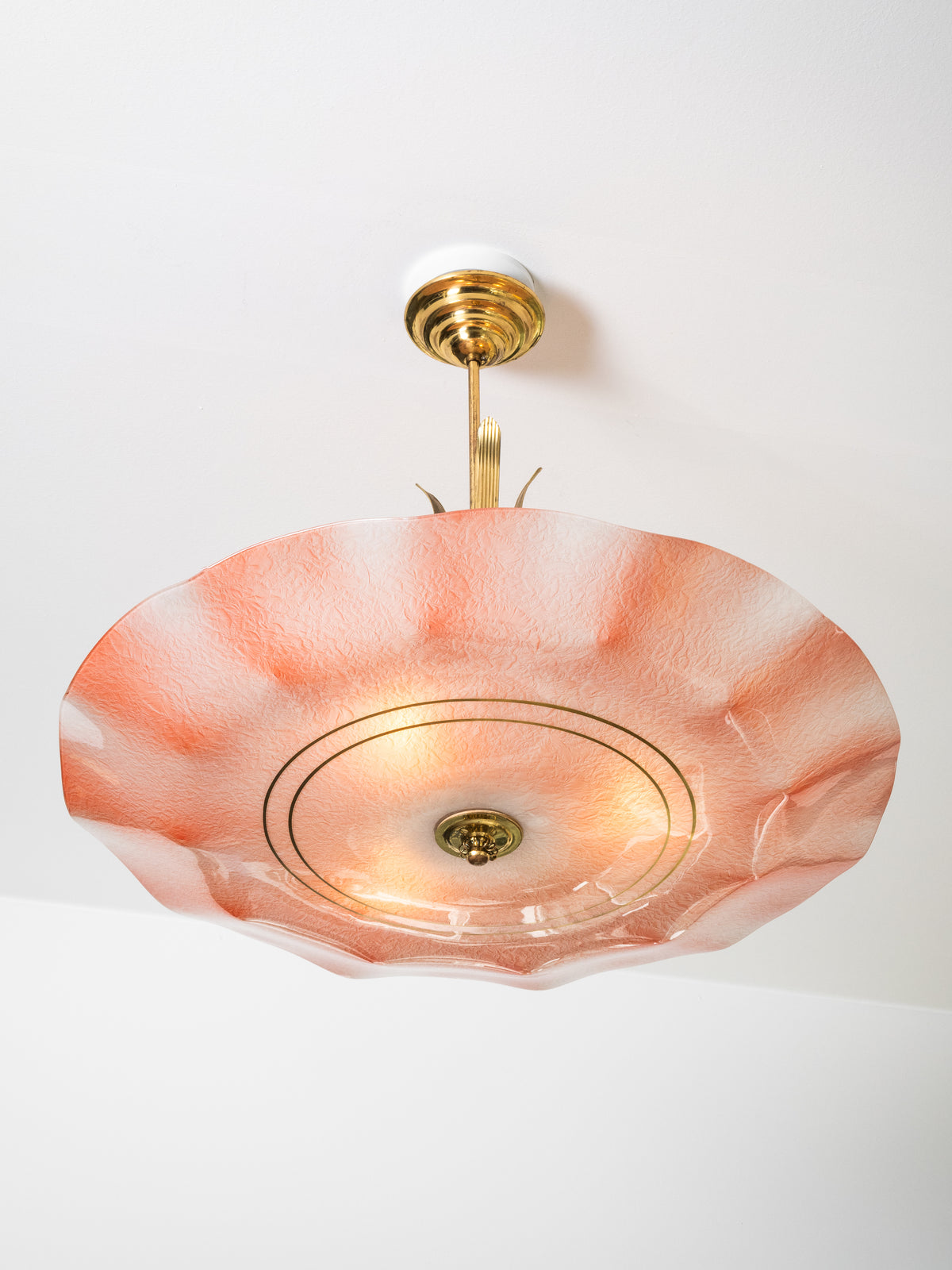 Pink Glass &amp; Brass Chandelier by Valinte, Finland, 1950s