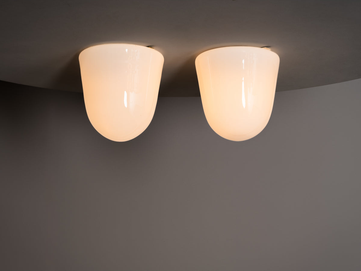 Pair of Paavo Tynell ’80112-25’ Milk Glass Ceiling Lights, Idman, Finland, 1950s