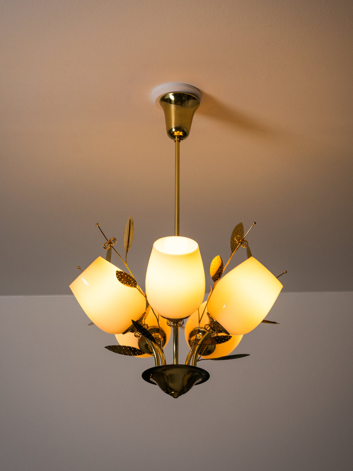 Five-Arm Brass and Glass Bridal Bouquet Chandelier by Itsu, Finland, 1950s