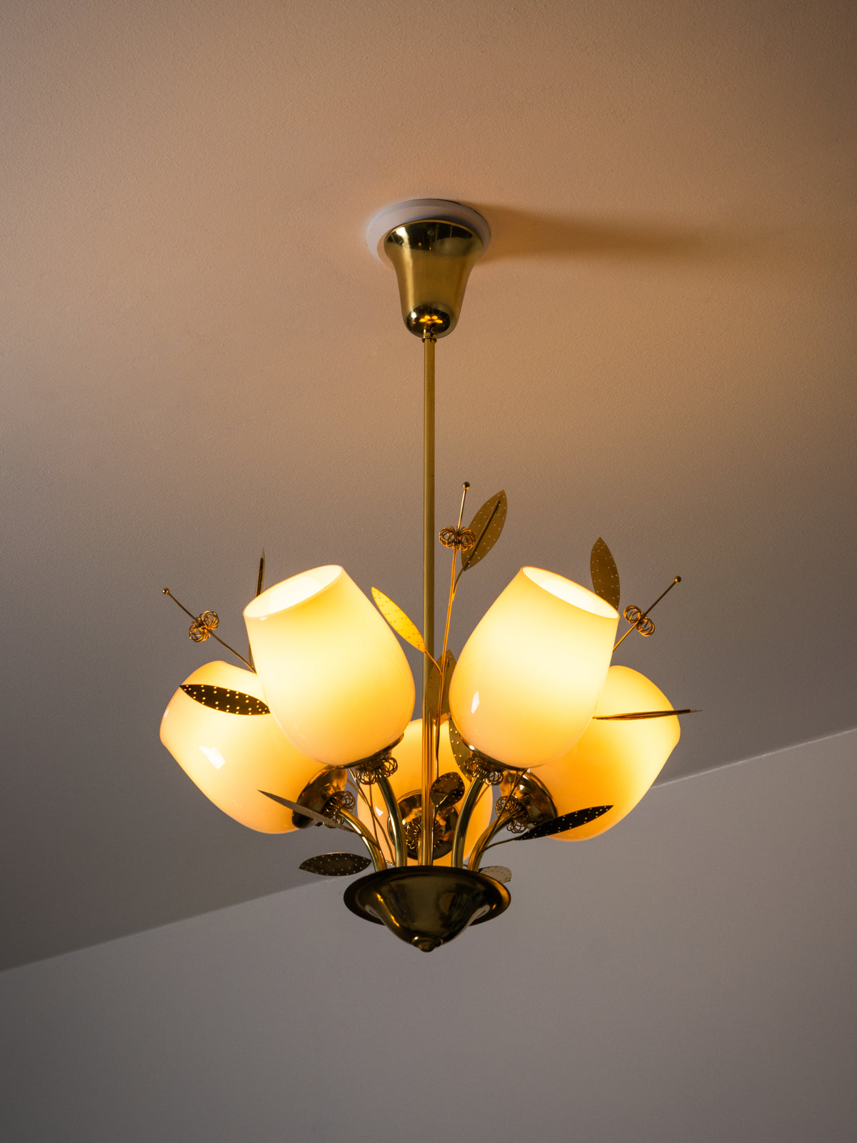 Five-Arm Brass and Glass Bridal Bouquet Chandelier by Itsu, Finland, 1950s