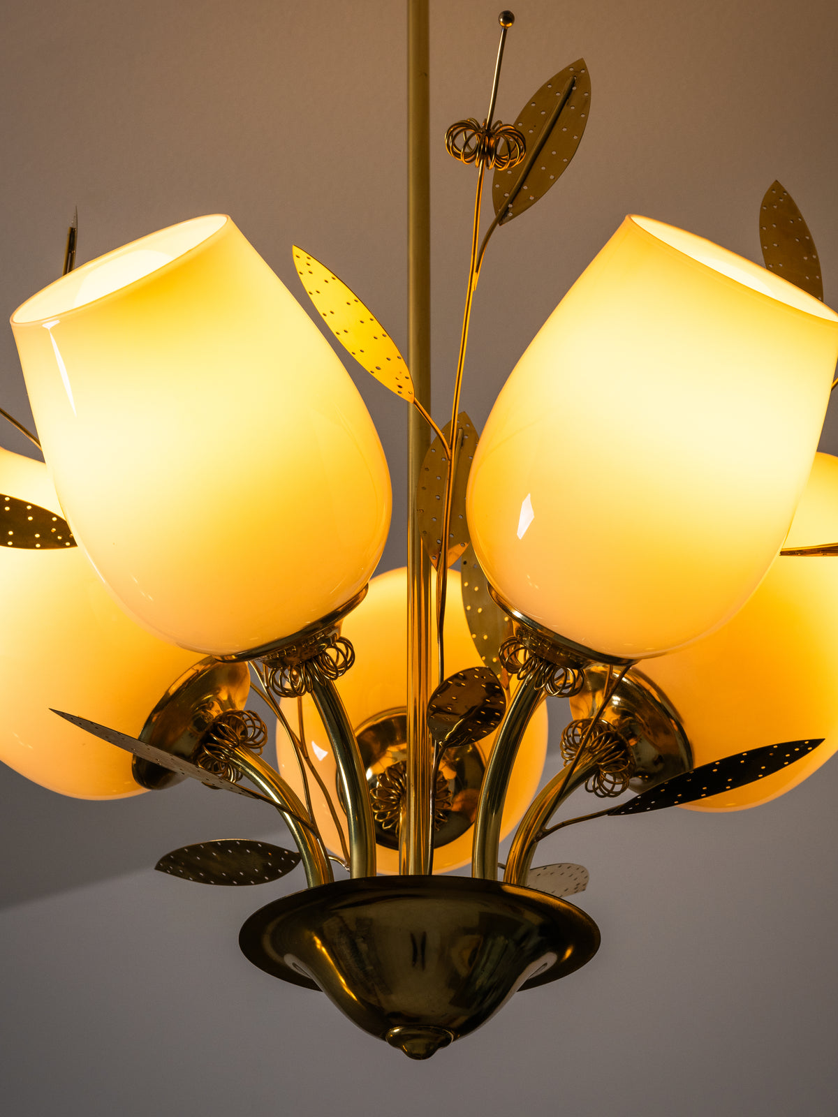 Five-Arm Brass and Glass Bridal Bouquet Chandelier by Itsu, Finland, 1950s