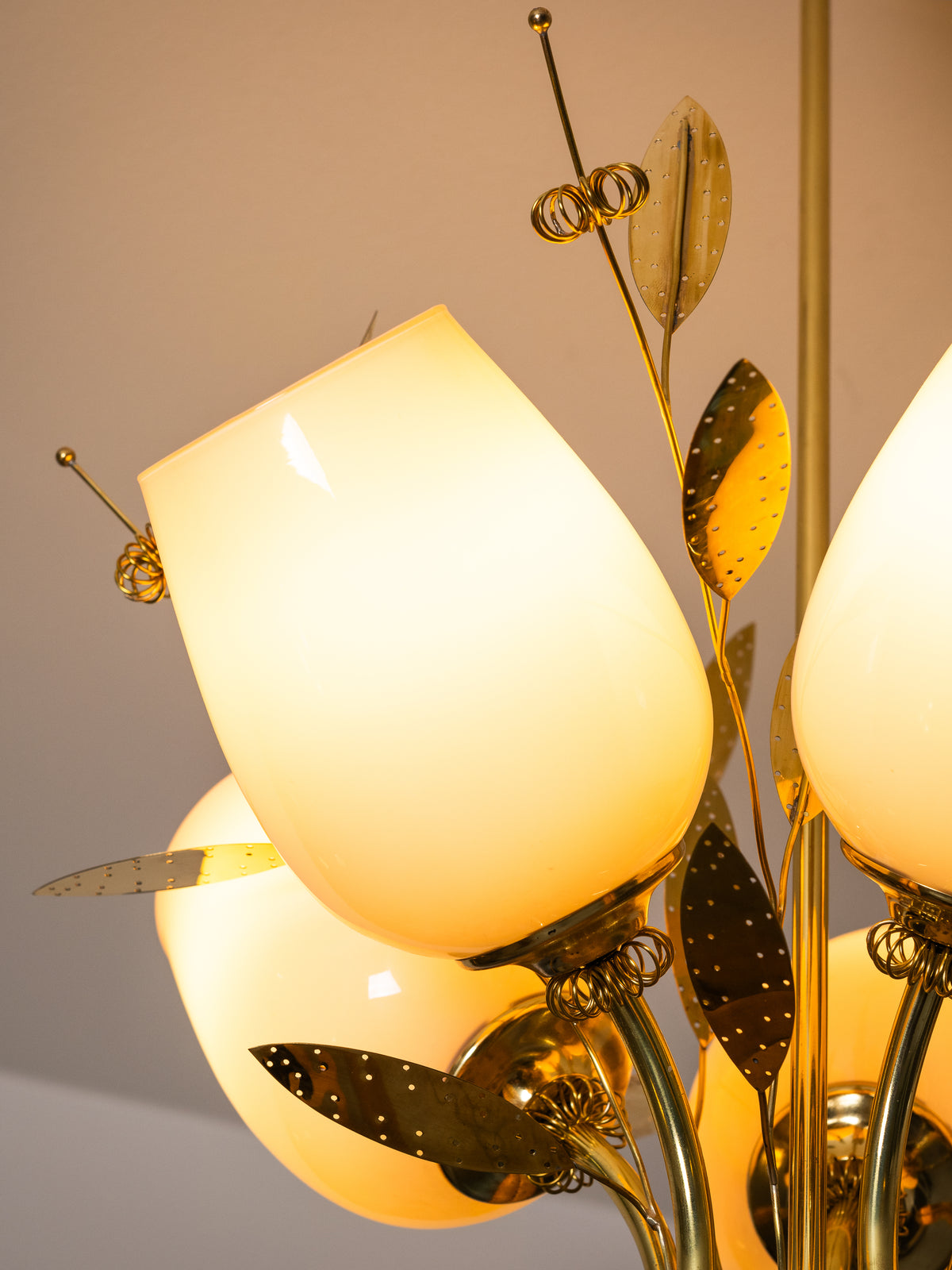 Five-Arm Brass and Glass Bridal Bouquet Chandelier by Itsu, Finland, 1950s