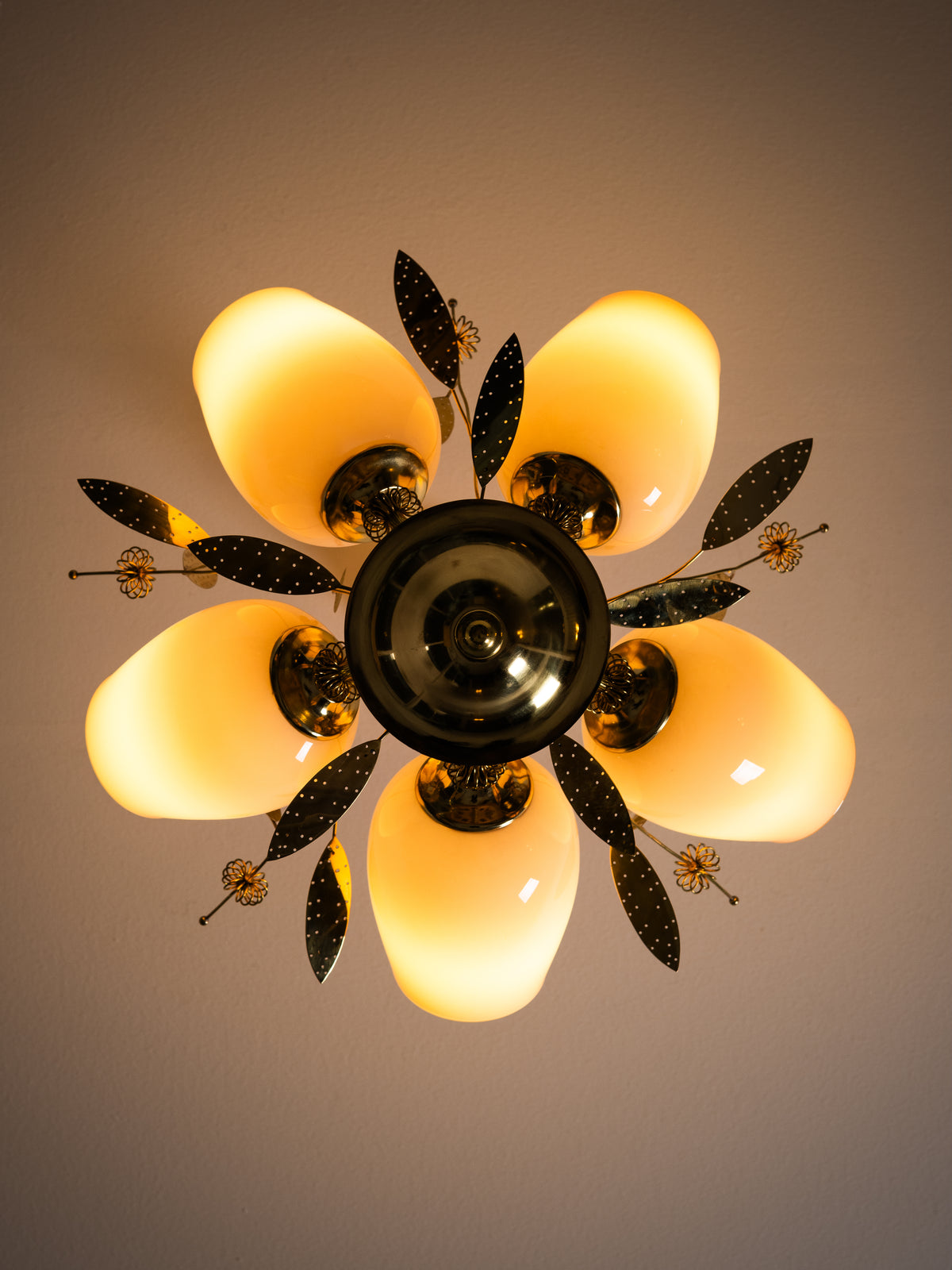 Five-Arm Brass and Glass Bridal Bouquet Chandelier by Itsu, Finland, 1950s